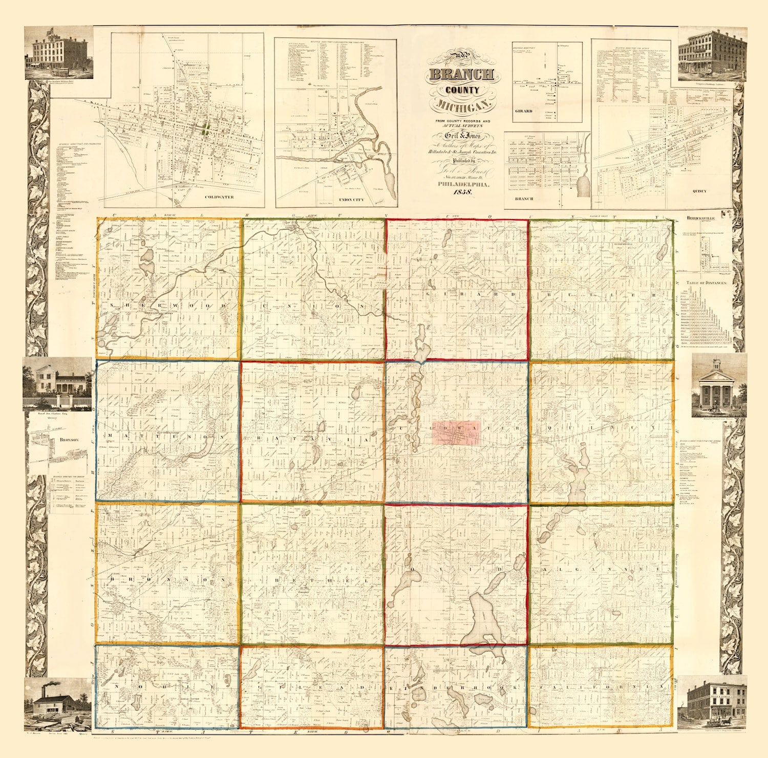 Vintage Map of Branch County, Michigan 1858