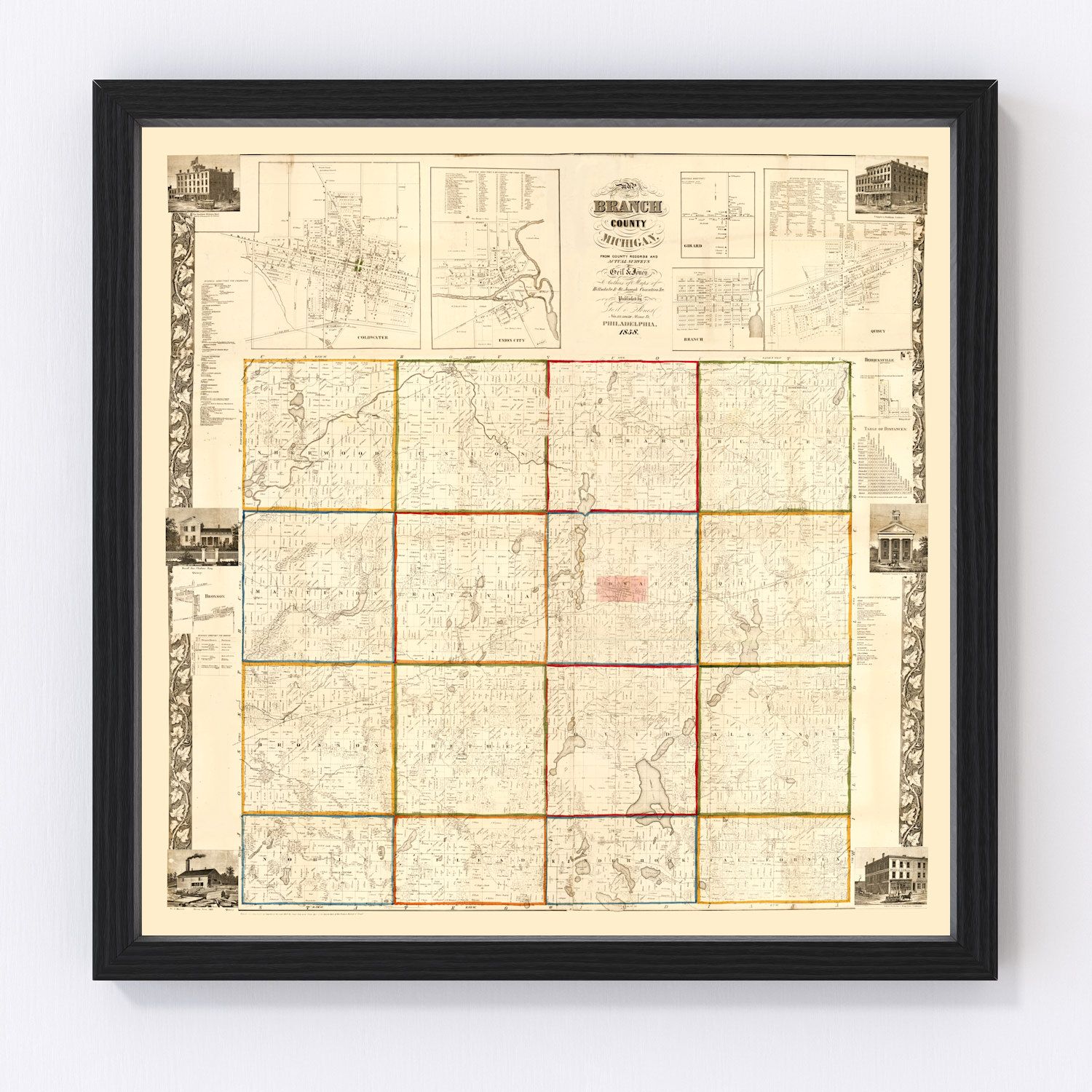 Vintage Map of Branch County, Michigan 1858