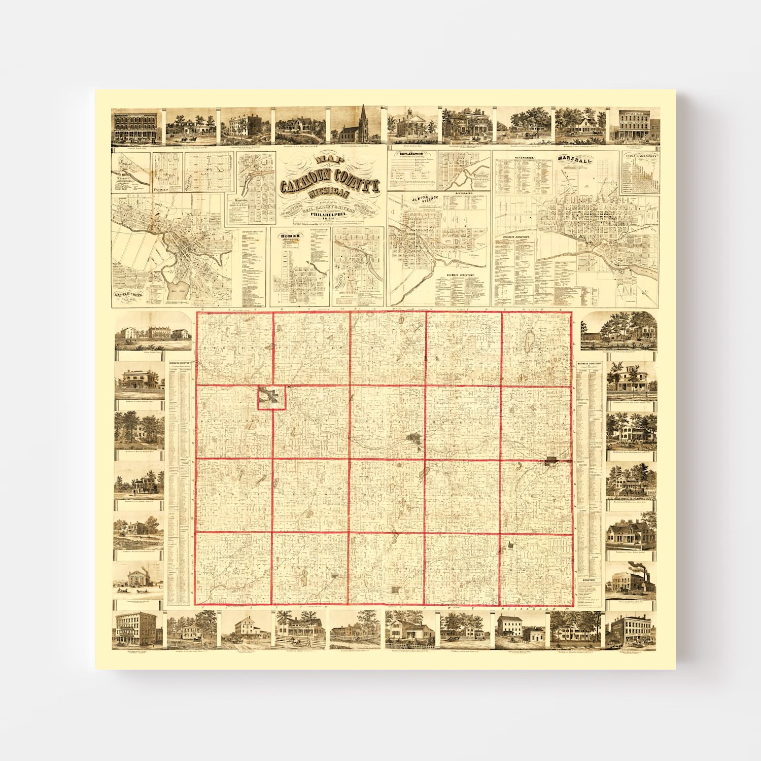 Vintage Map of Calhoun County, Michigan 1858