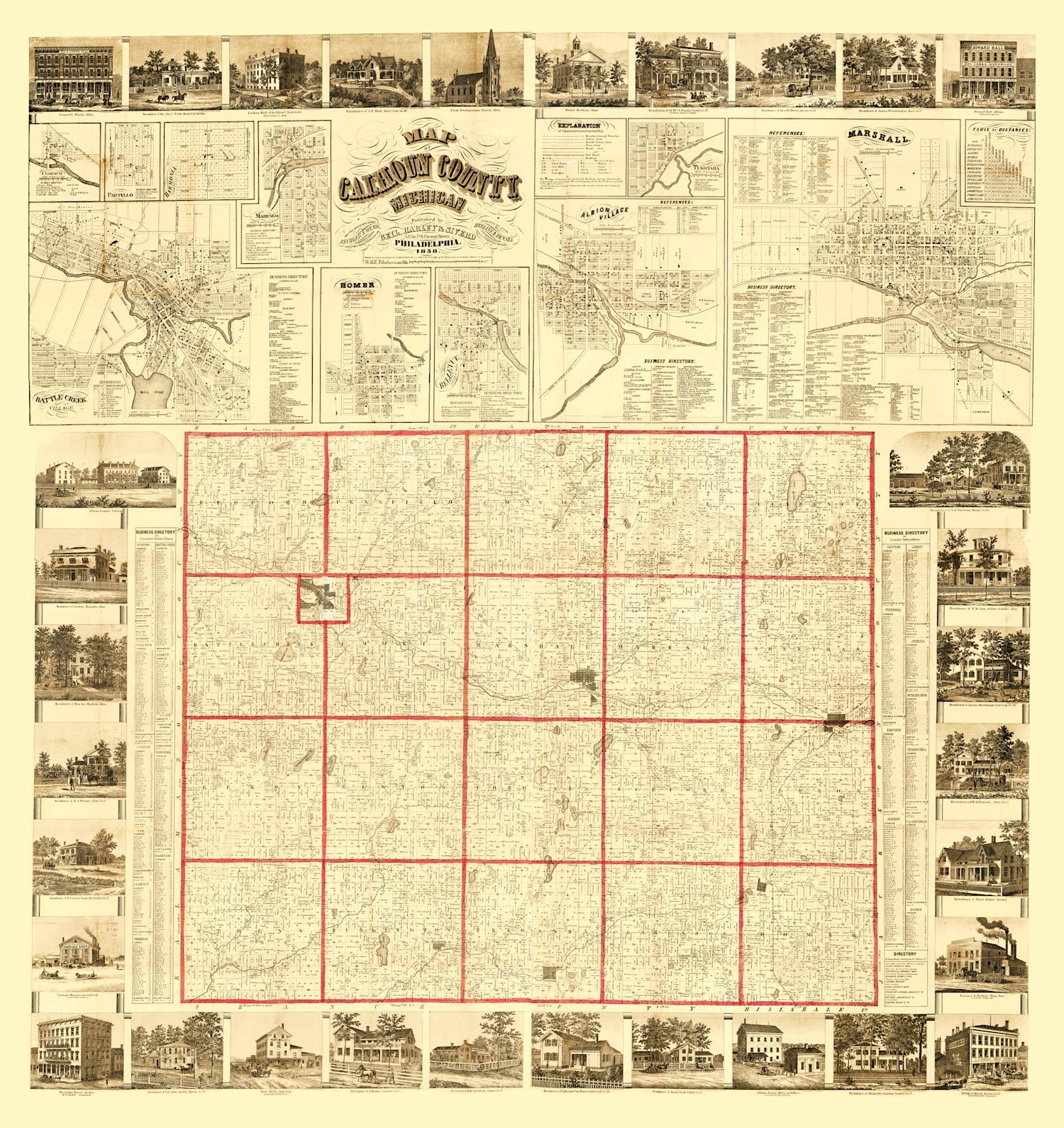 Vintage Map of Calhoun County, Michigan 1858