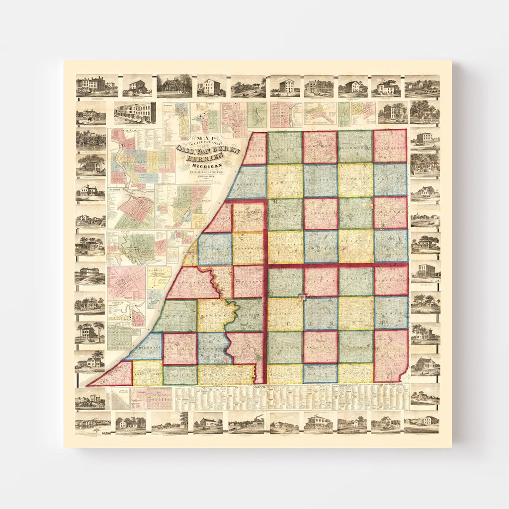 Vintage Map of Cass County, Michigan 1860