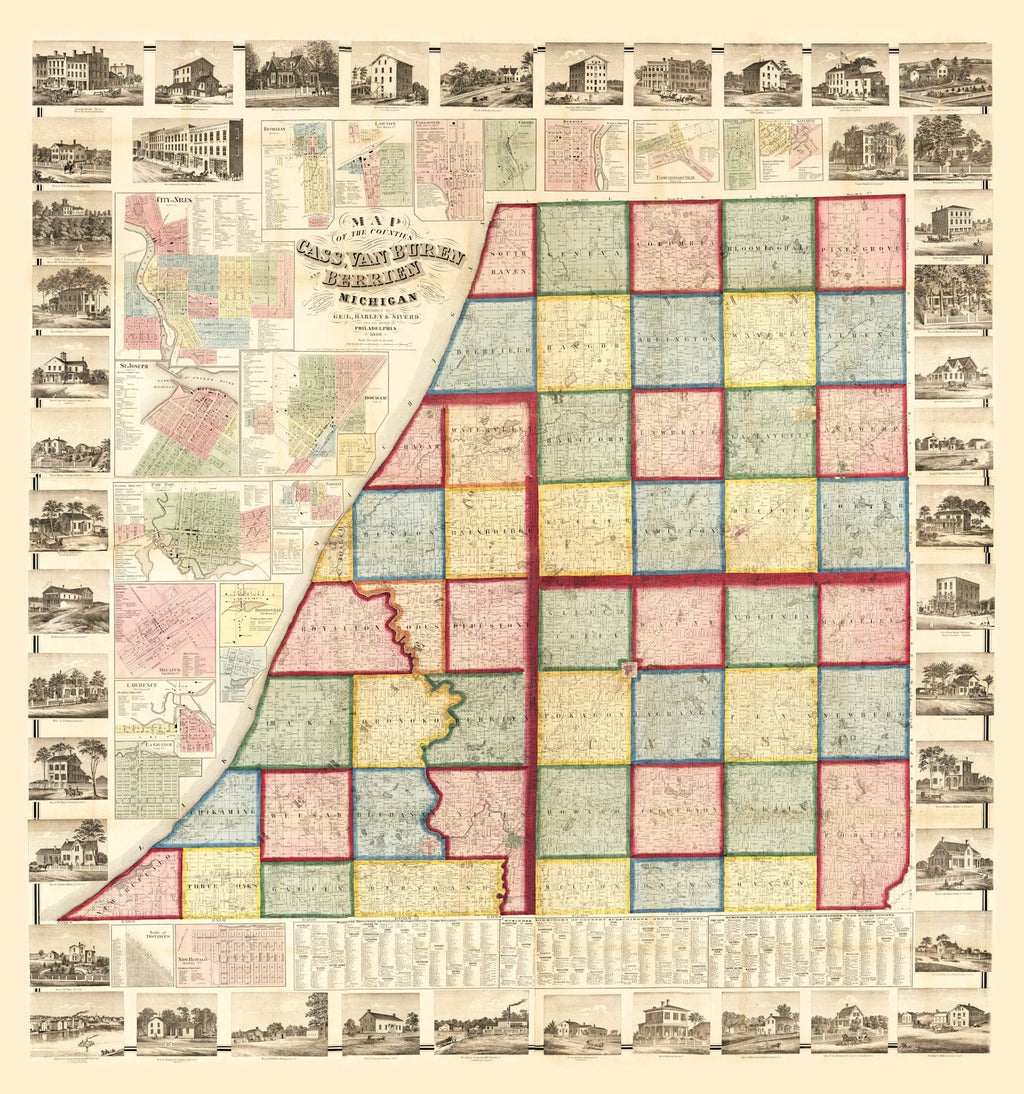Vintage Map of Cass County, Michigan 1860