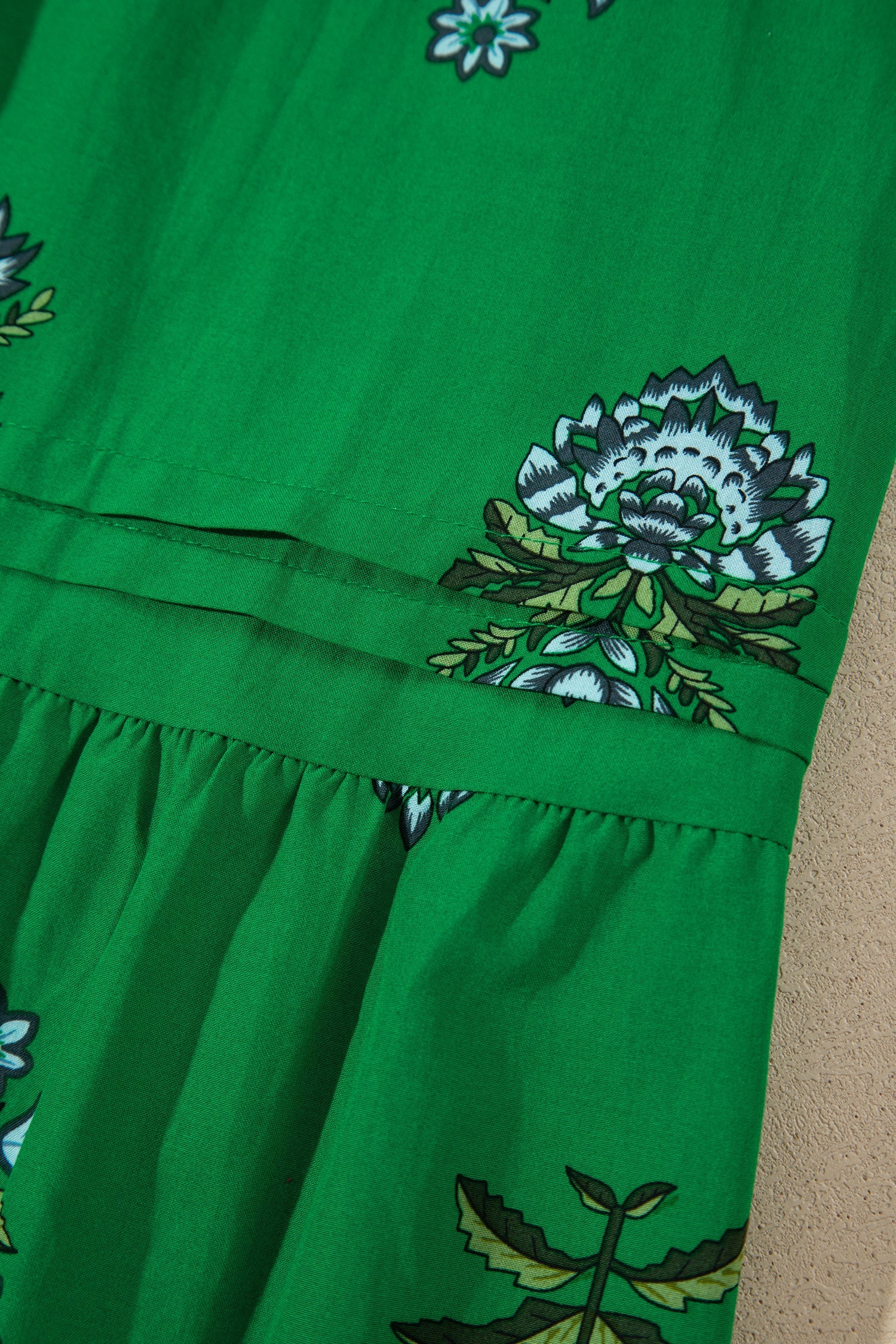Floral Split Neck Shirred High Waist Maxi Dress