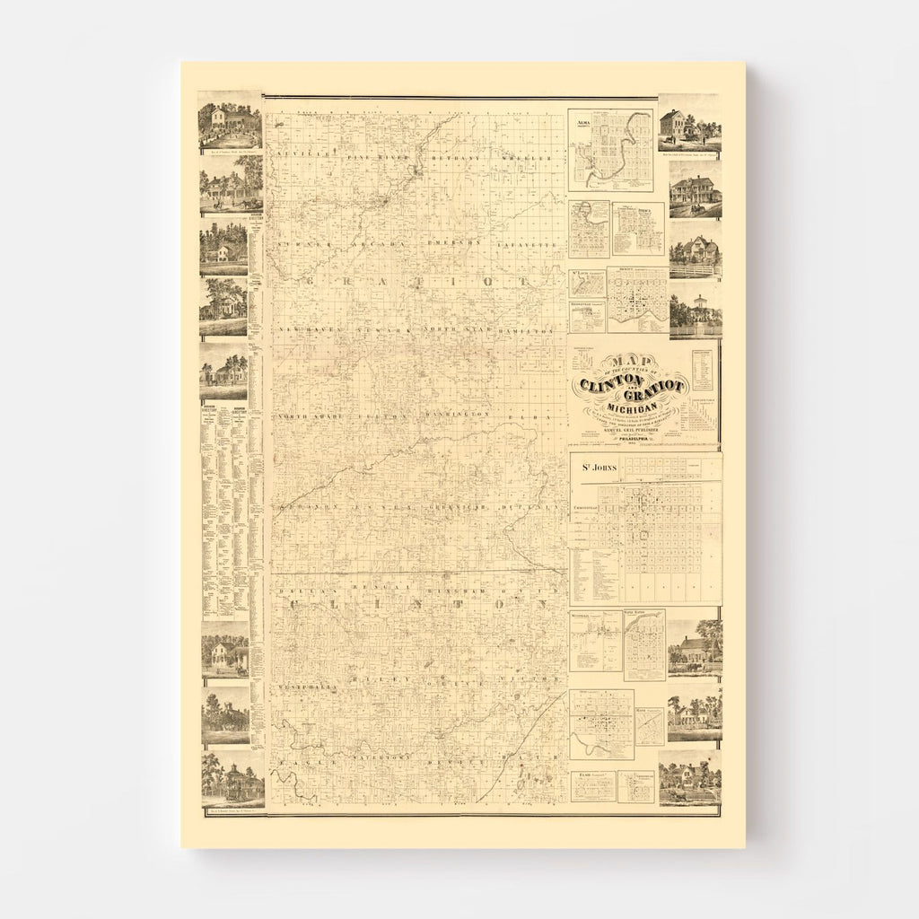 Vintage Map of Clinton County, Michigan 1864
