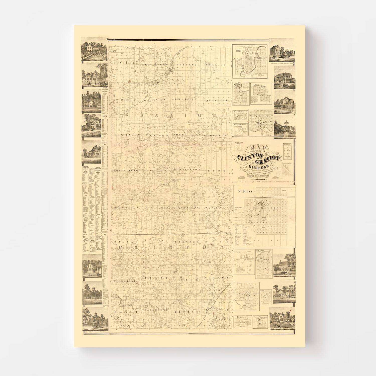 Vintage Map of Clinton County, Michigan 1864