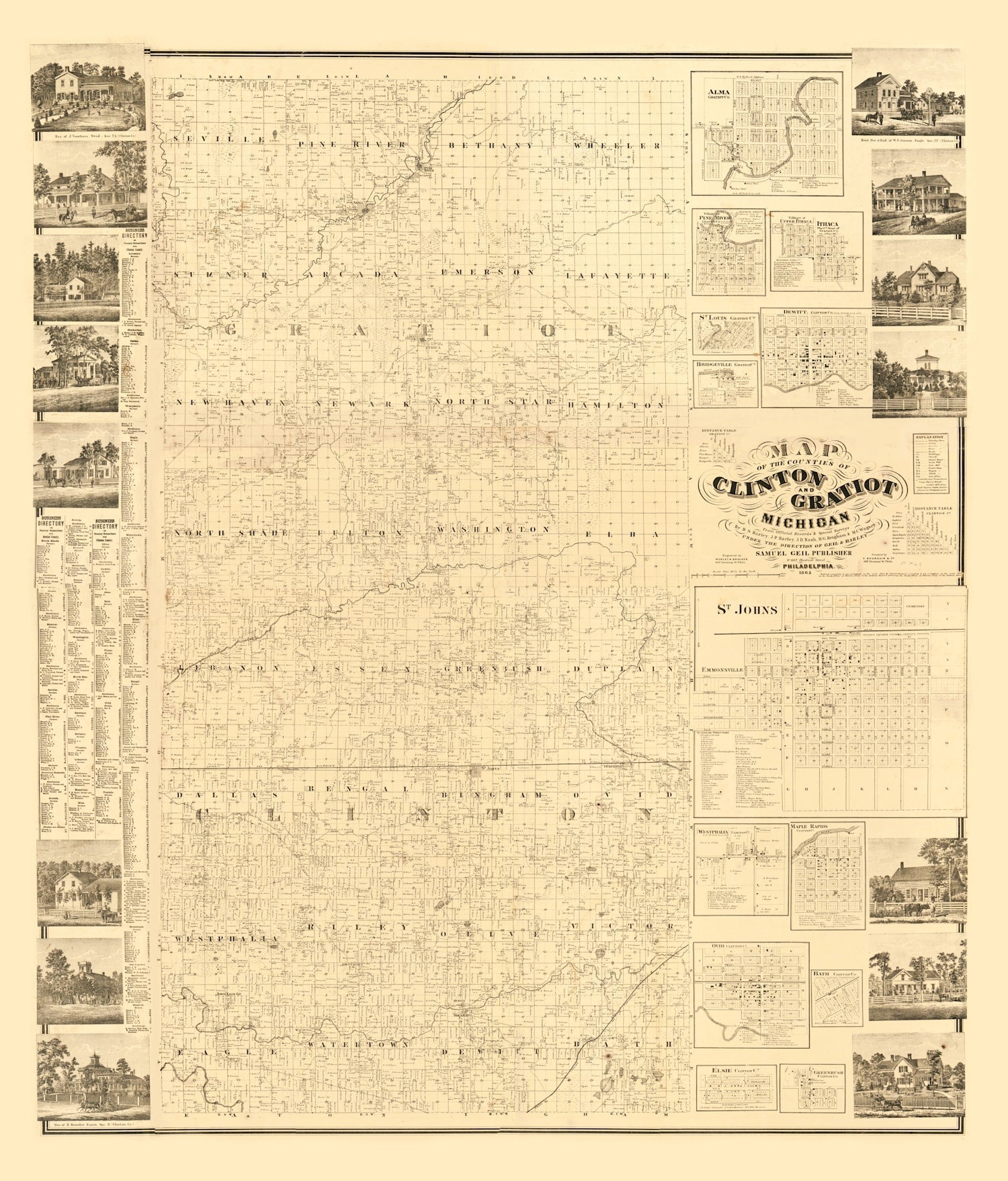Vintage Map of Clinton County, Michigan 1864