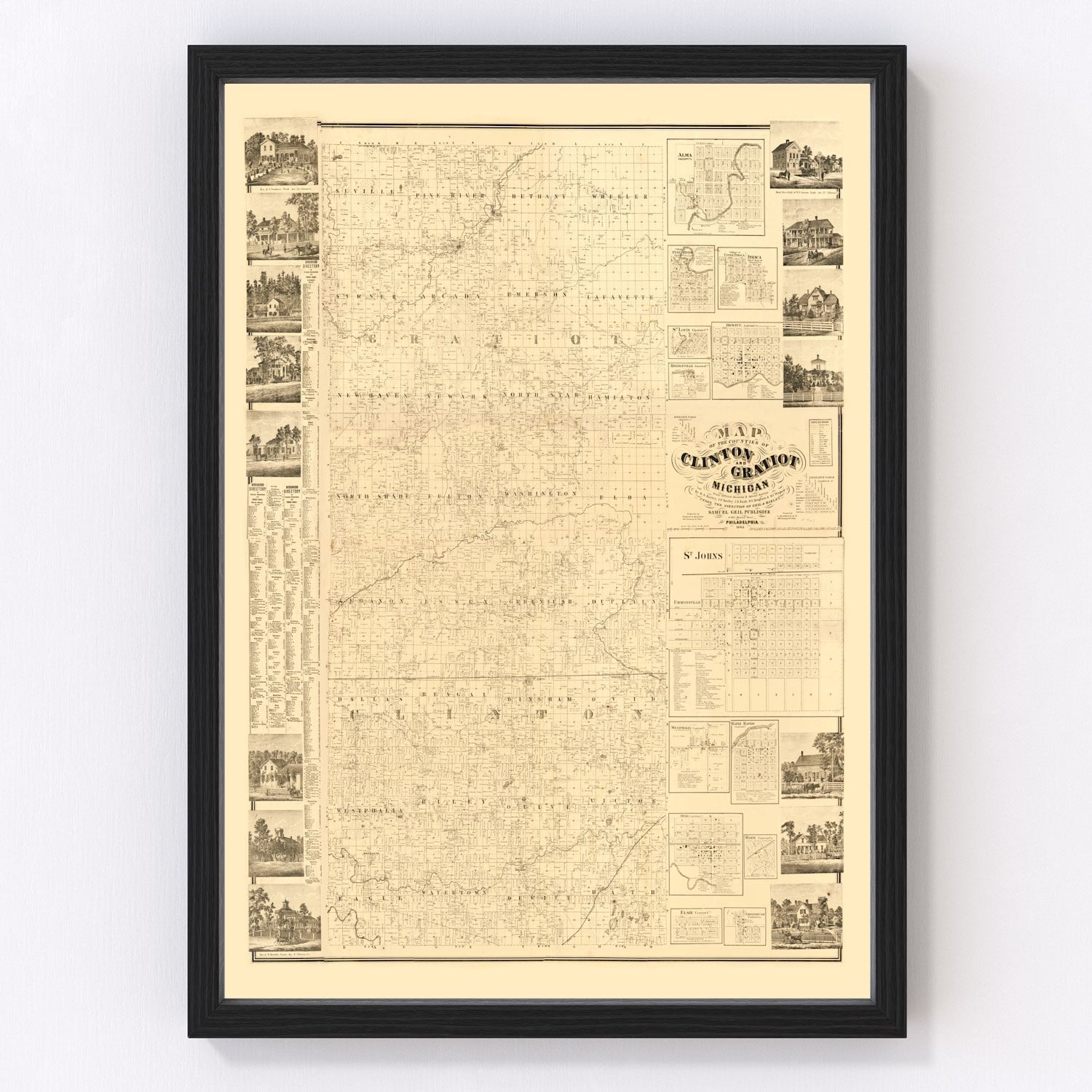 Vintage Map of Clinton County, Michigan 1864