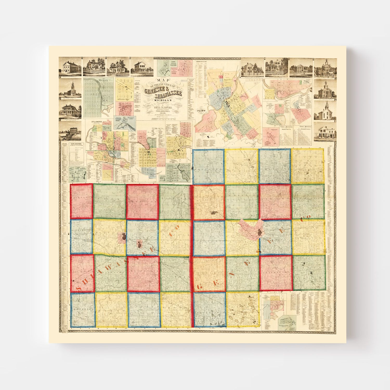 Vintage Map of Genessee County, Michigan 1859