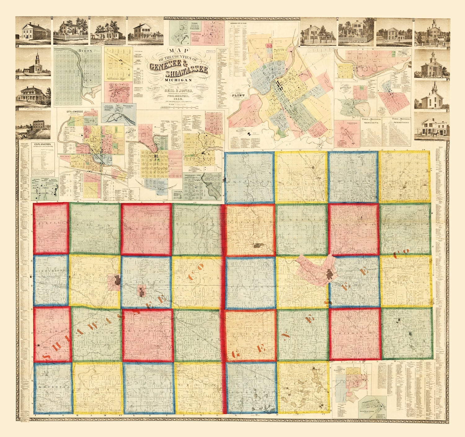 Vintage Map of Genessee County, Michigan 1859