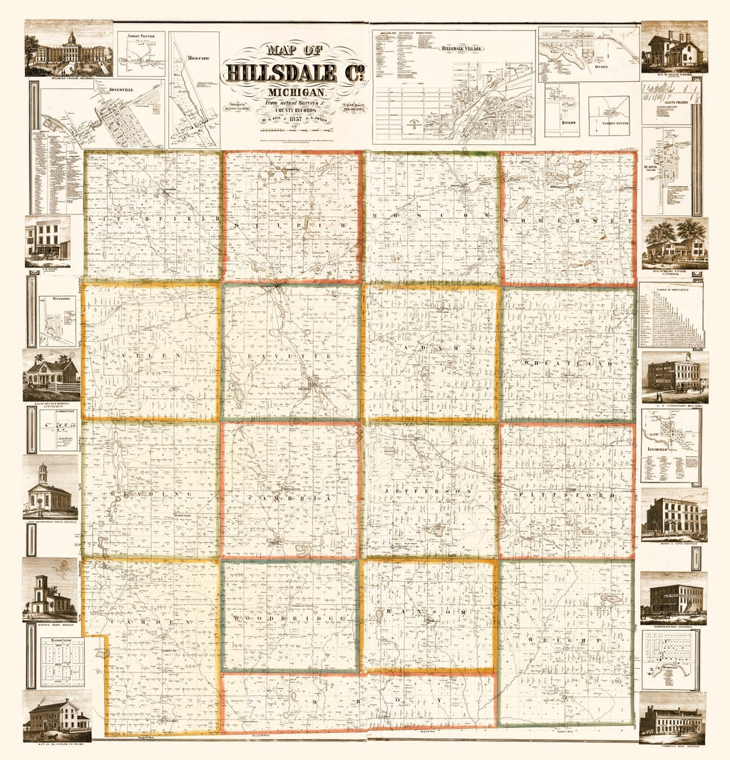 Vintage Map of Hillsdale County, Michigan 1857