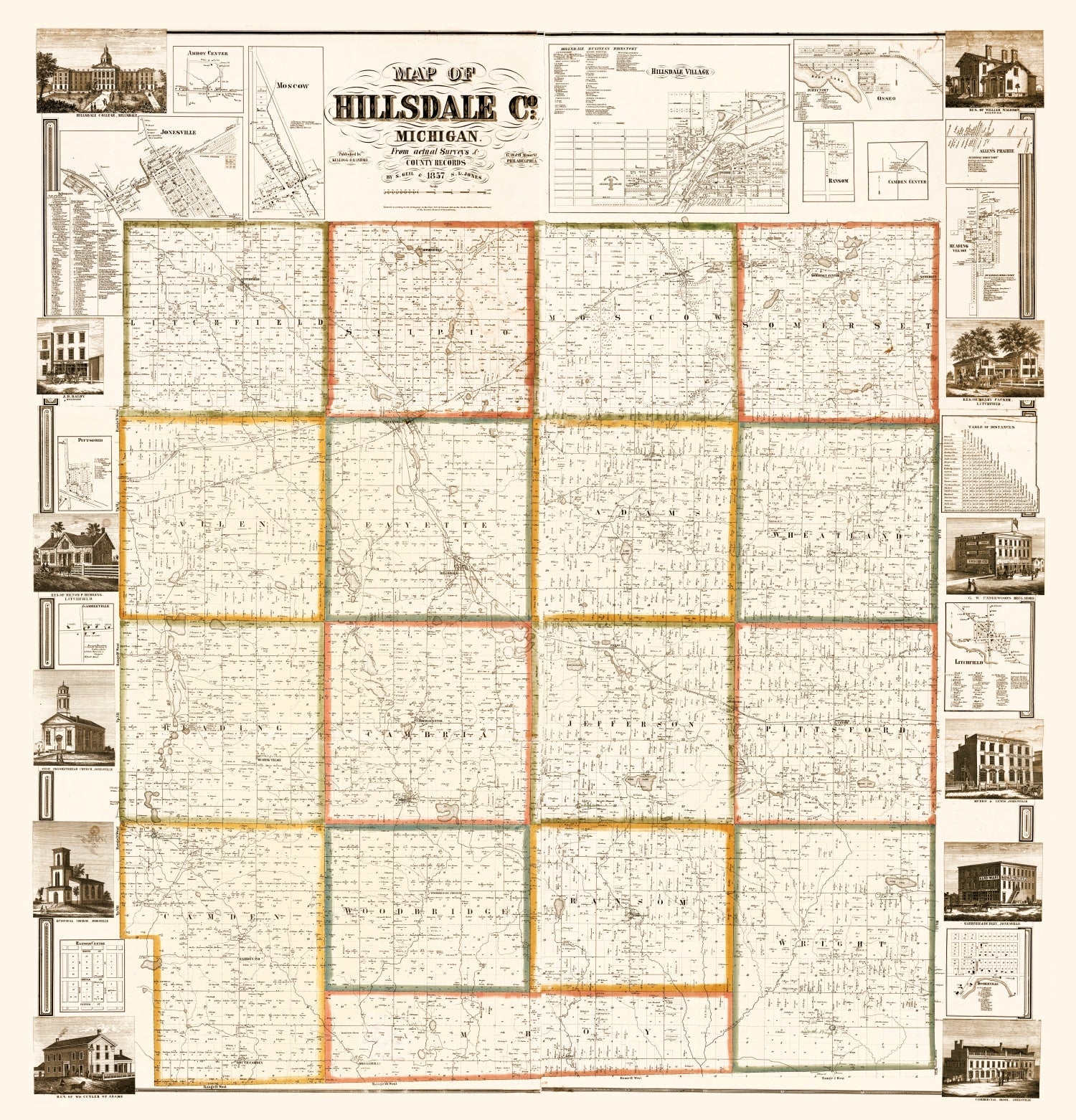 Vintage Map of Hillsdale County, Michigan 1857