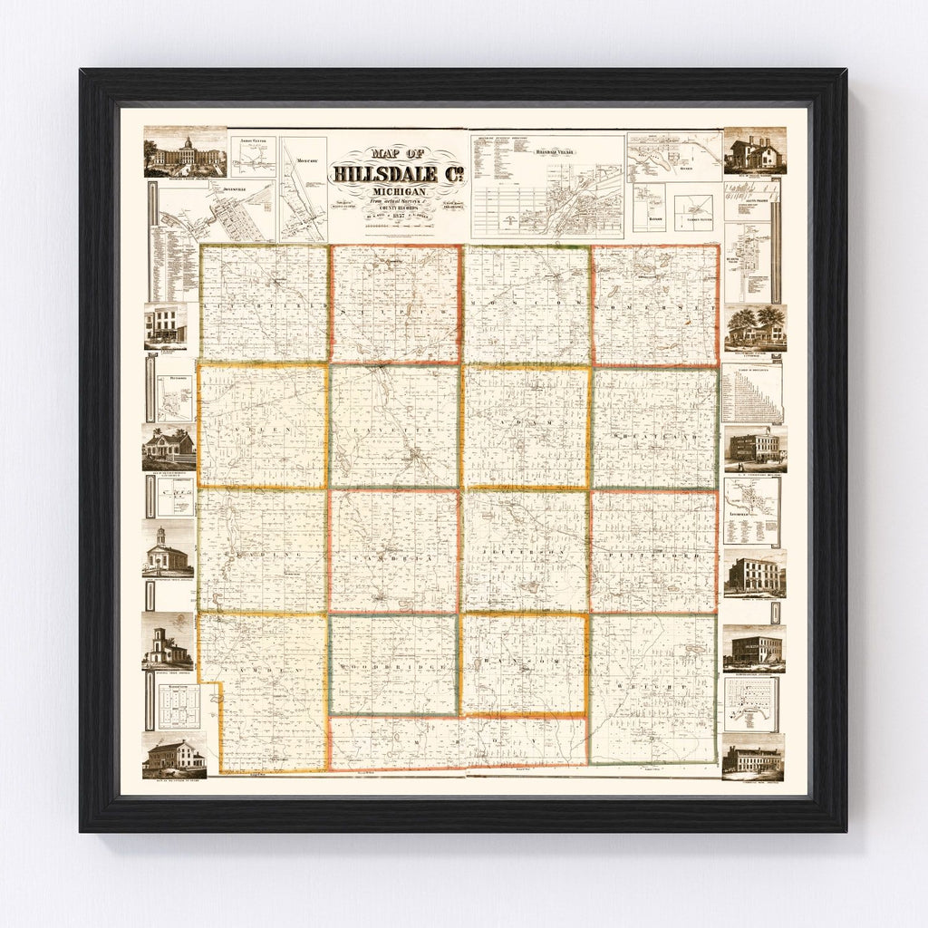Vintage Map of Hillsdale County, Michigan 1857