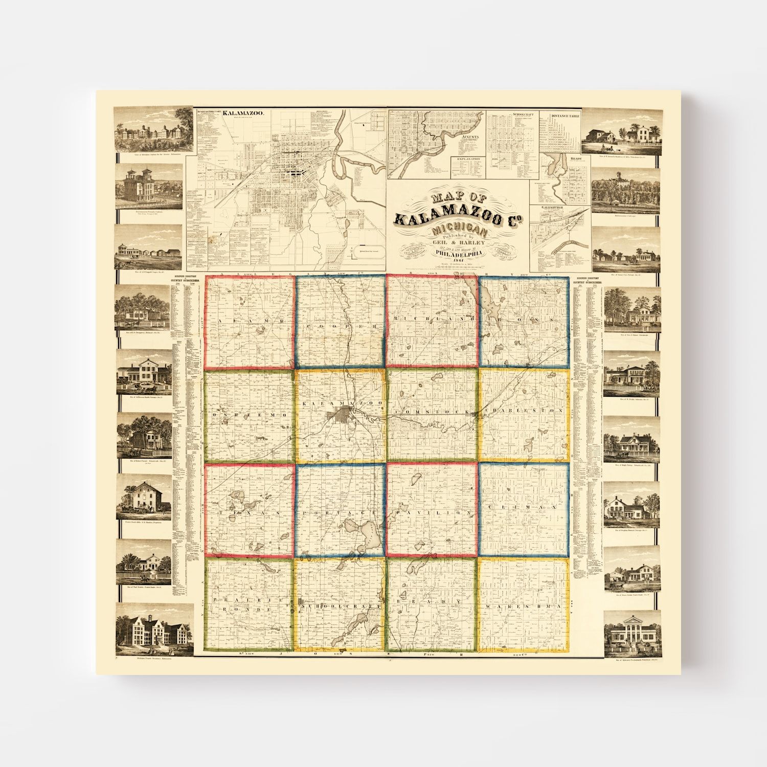 Vintage Map of Kalamazoo County, Michigan 1861