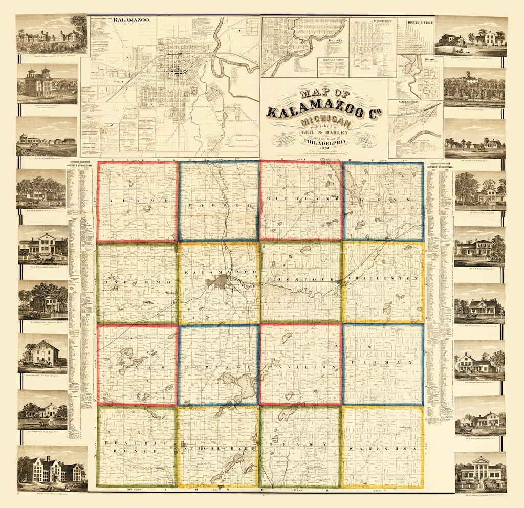 Vintage Map of Kalamazoo County, Michigan 1861