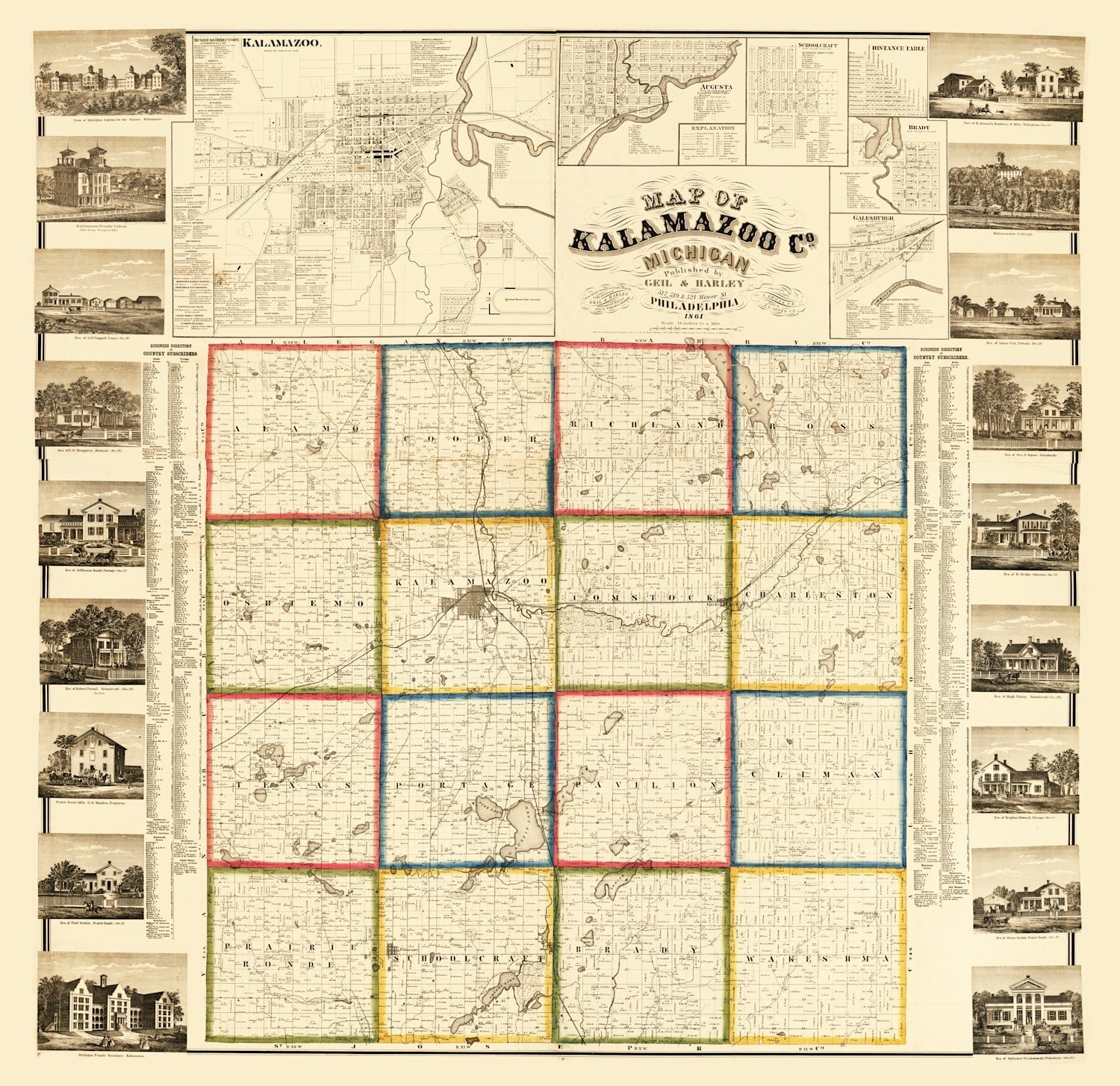 Vintage Map of Kalamazoo County, Michigan 1861