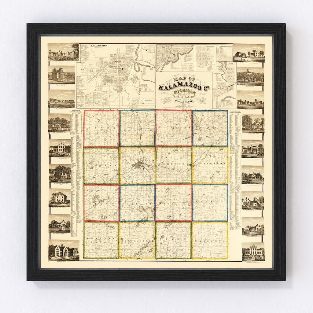 Vintage Map of Kalamazoo County, Michigan 1861