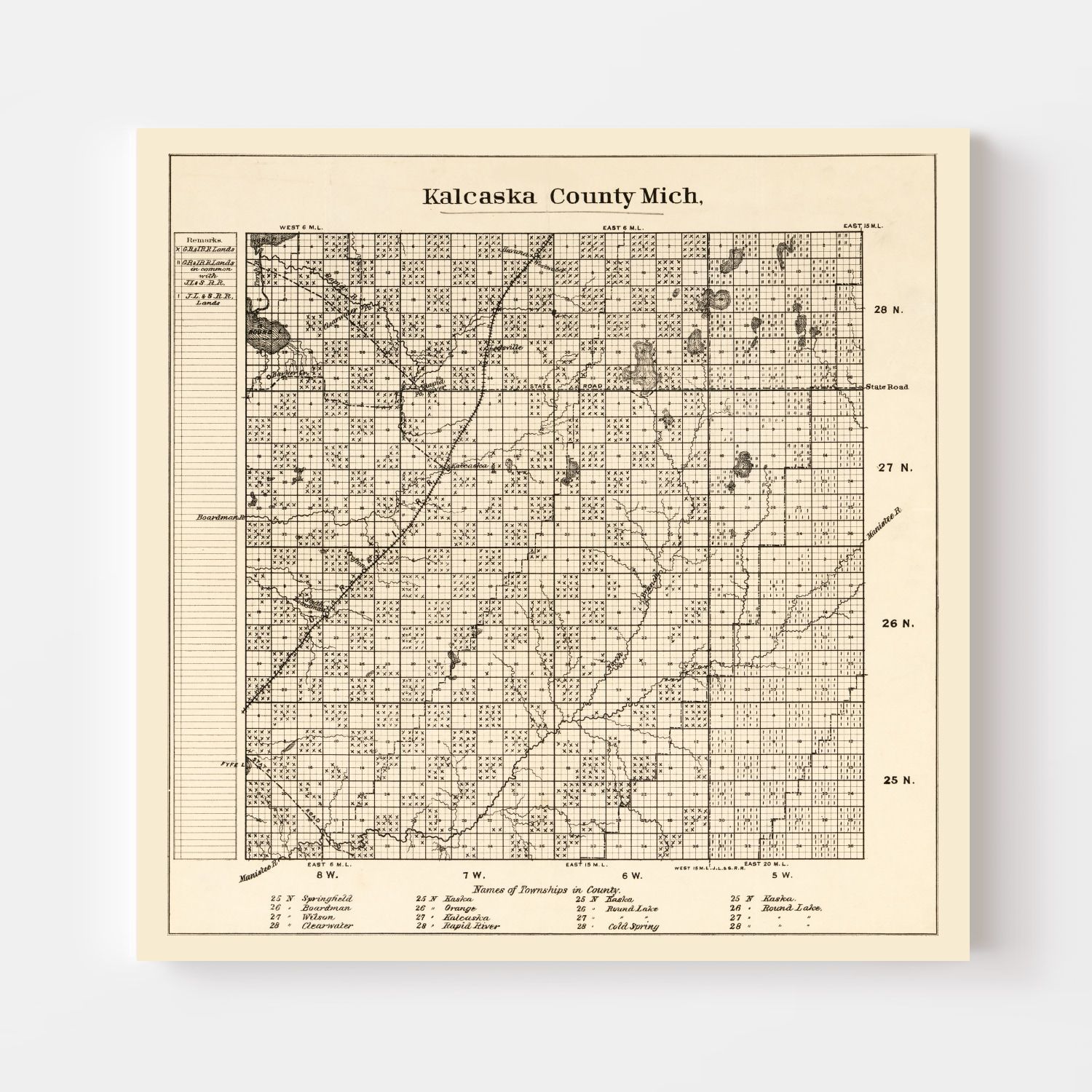 Vintage Map of Kalkaska County, Michigan 1878