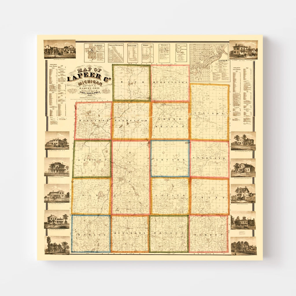 Vintage Map of Lapeer County, Michigan 1863