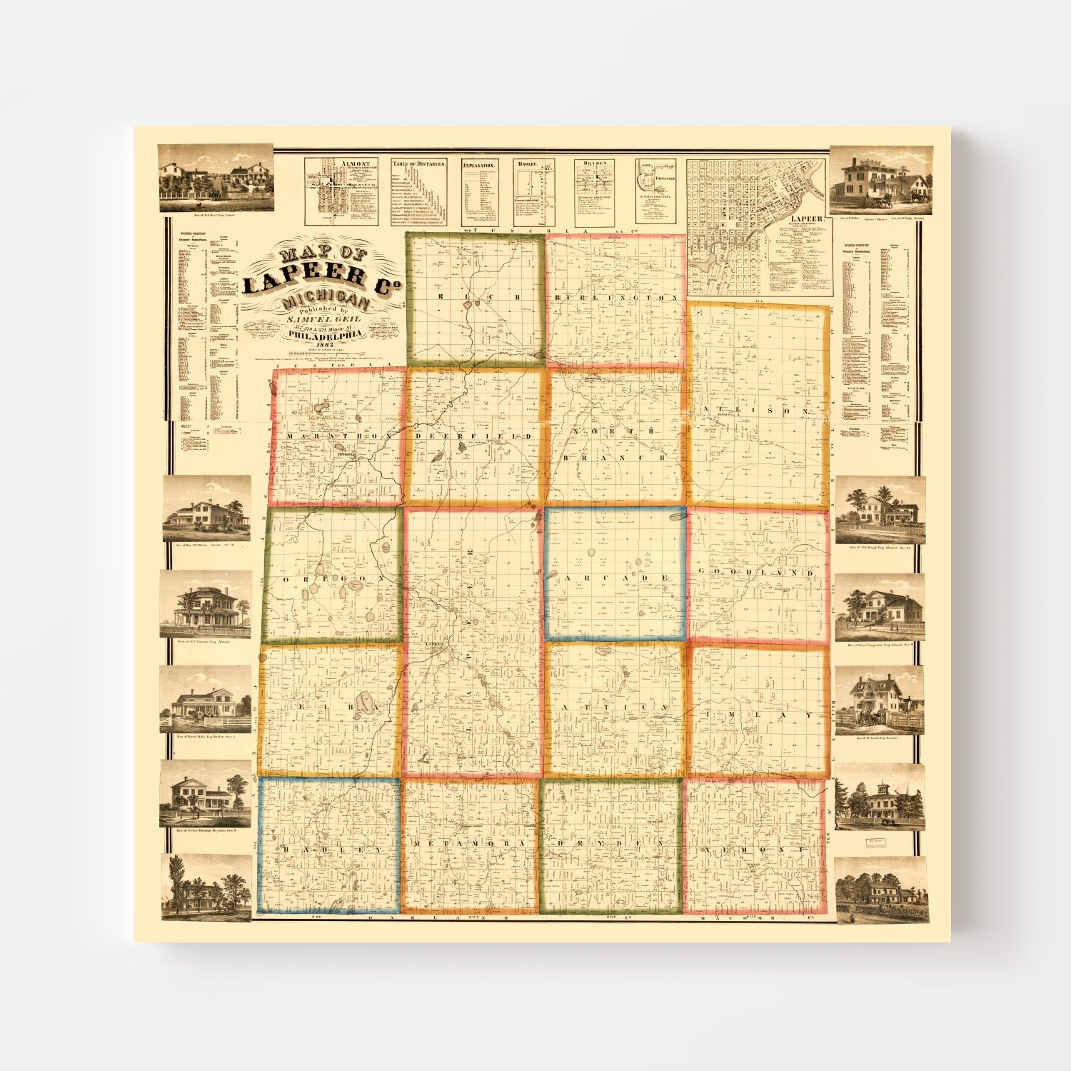 Vintage Map of Lapeer County, Michigan 1863