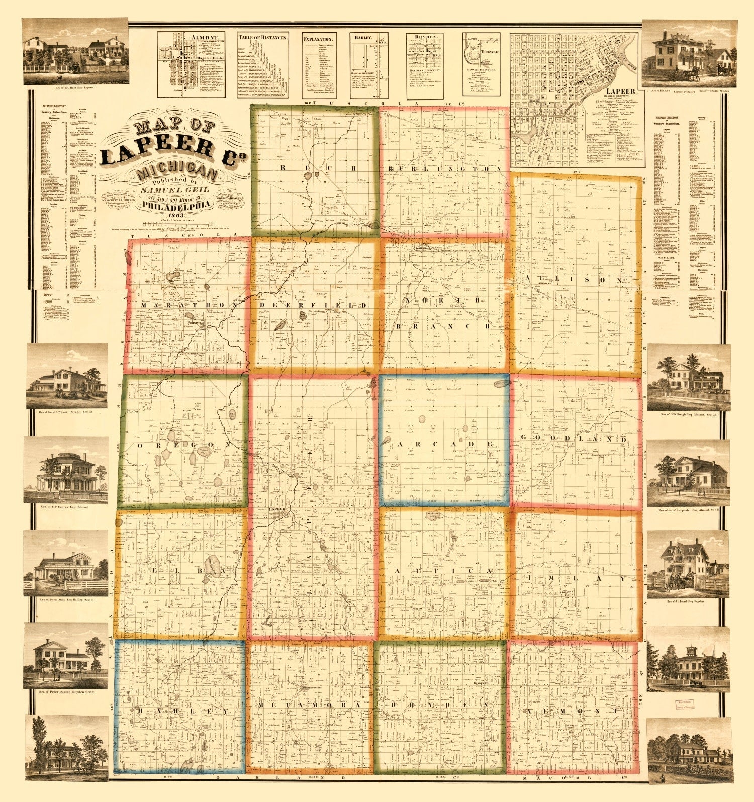 Vintage Map of Lapeer County, Michigan 1863
