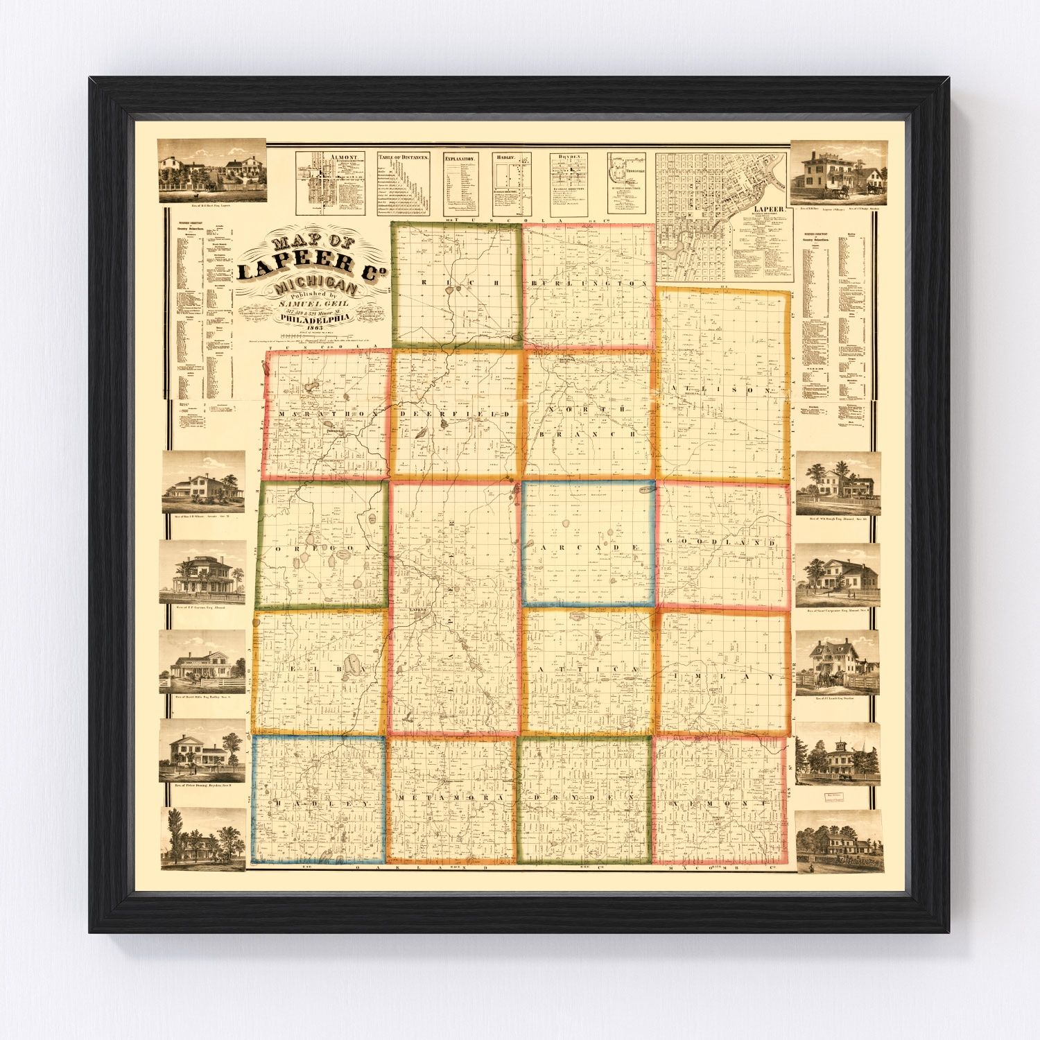 Vintage Map of Lapeer County, Michigan 1863