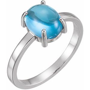 14K White Gold 9x7 mm Oval Natural Swiss Blue Topaz Cabochon Ring