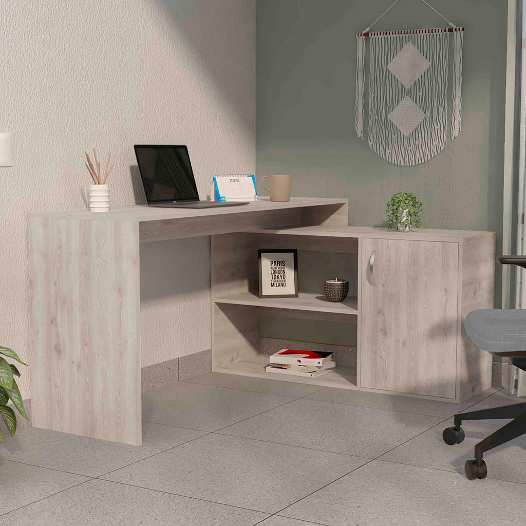 Antlia L-Shaped Writing Desk, Two Shelves, Single Door Cabinet