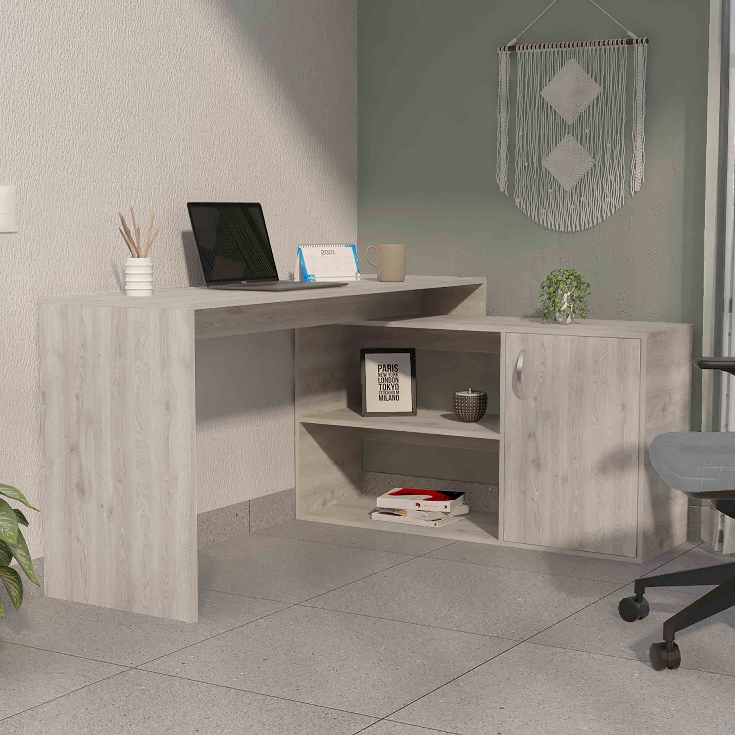 Antlia L-Shaped Writing Desk, Two Shelves, Single Door Cabinet