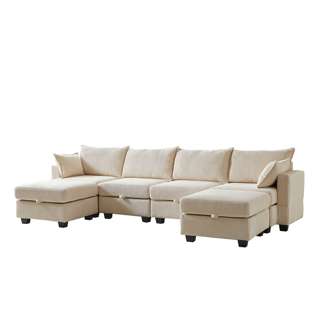 113.5'' Modular Sectiona Corduroy Sofa, Sectional Couches for Living Room U Shaped Sectional Couch with Storage Ottoman, 6 Seats Convertible Sectionals with Chaise