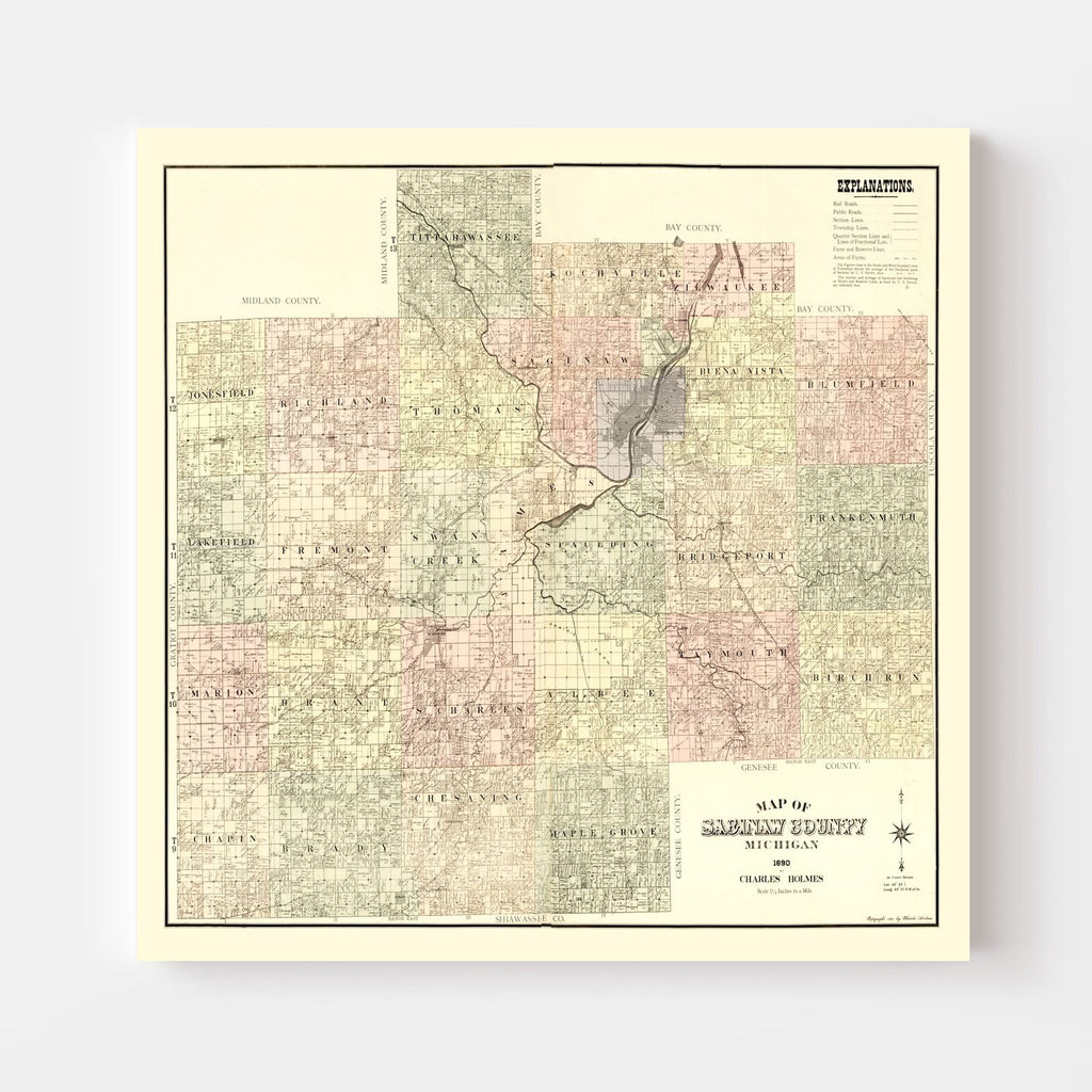 Vintage Map of Saginaw County, Michigan 1890