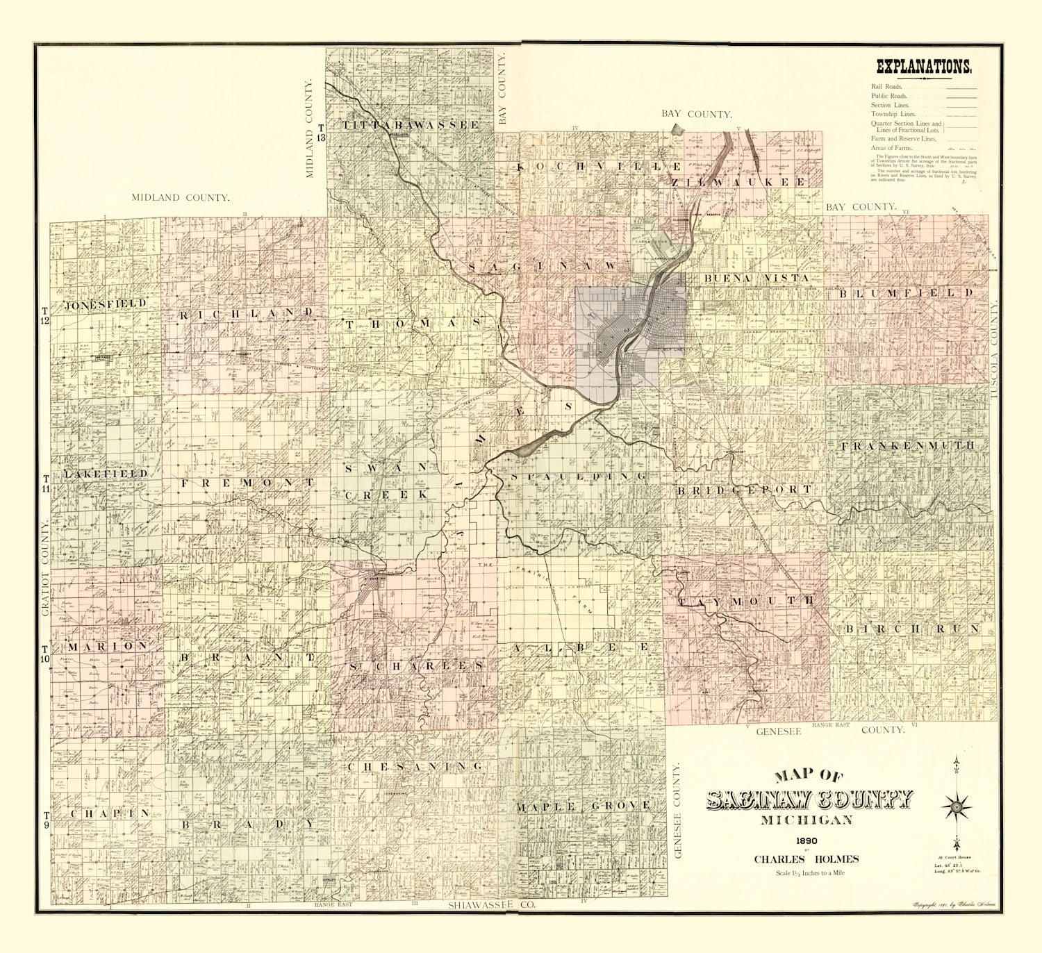 Vintage Map of Saginaw County, Michigan 1890
