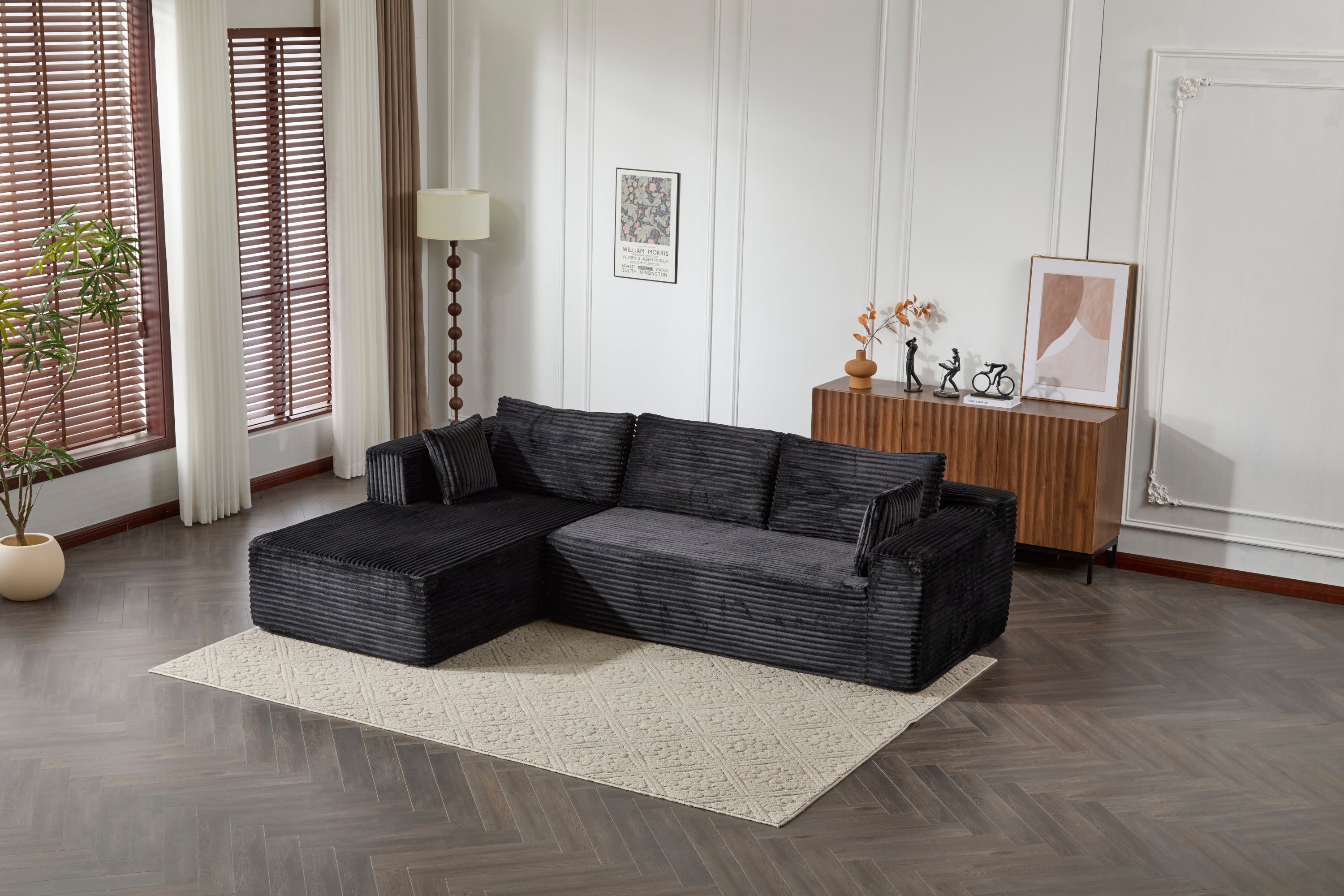 Compression Sectional Couch with Comfy Chaise, Boneless L Shape Sofa with Deep Seat, Minimalist Modular Couches Sleeper for Living Room Bedroom Apartment Lounge,corduroy,Black