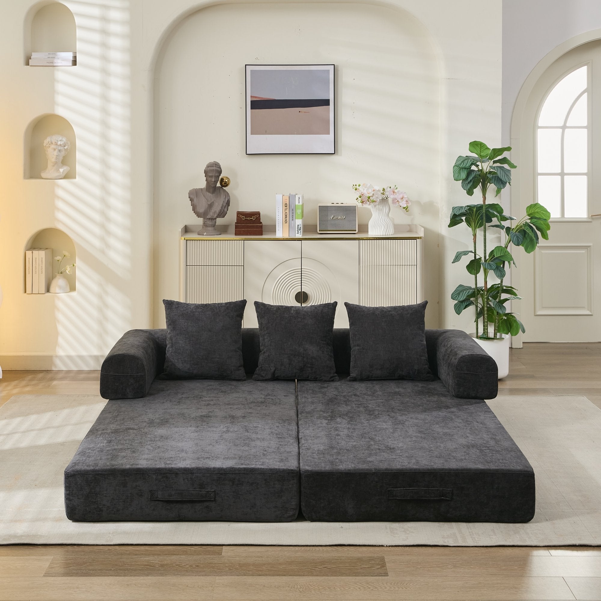 Comfy Convertible Folding Mattress Couch, Floor Sofa Bed, Chenille Floor Sofa with Armrest, Floor Sofa Lounge Couch for Living Room Bedroom Lounge Studio-Black