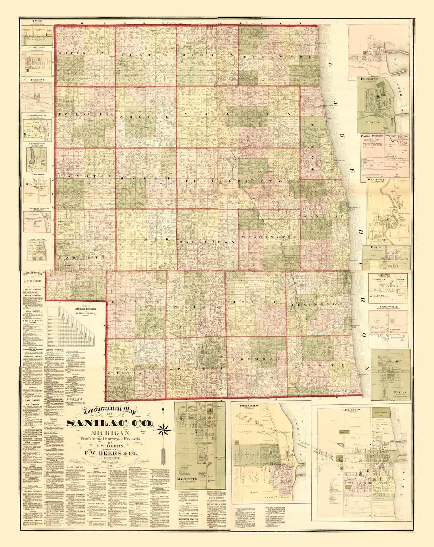 Vintage Map of Sanilac County, Michigan 1876