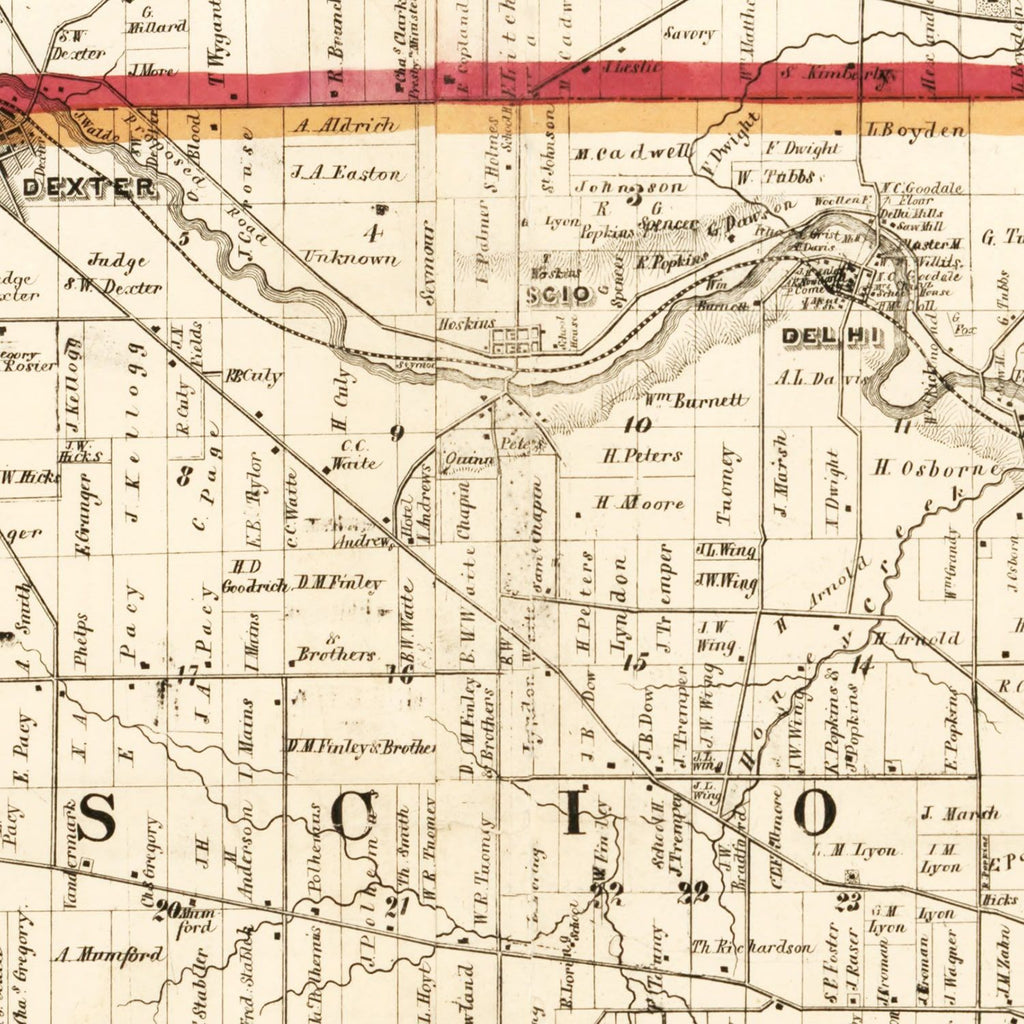 Vintage Map of Washtenaw County, Michigan 1856