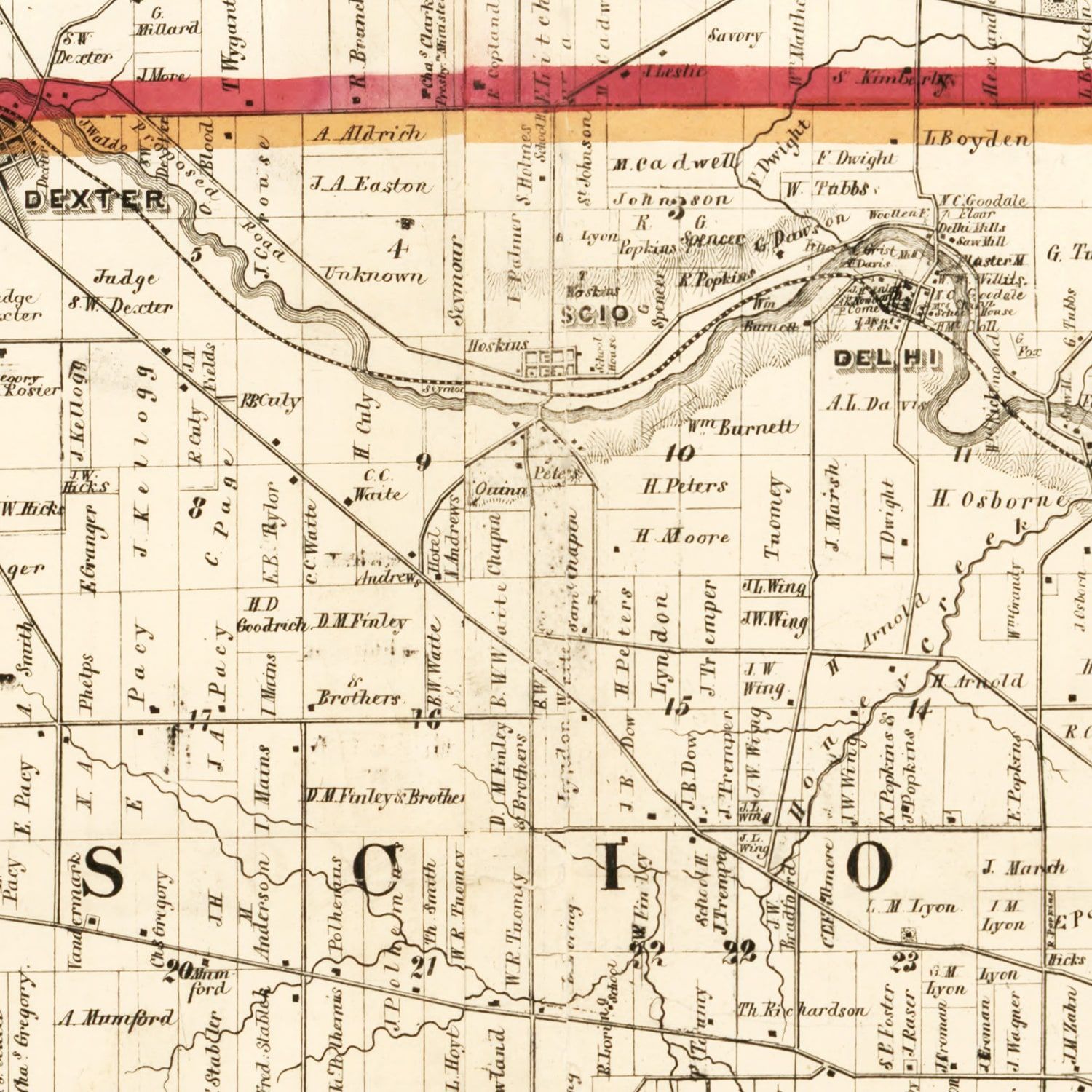 Vintage Map of Washtenaw County, Michigan 1856