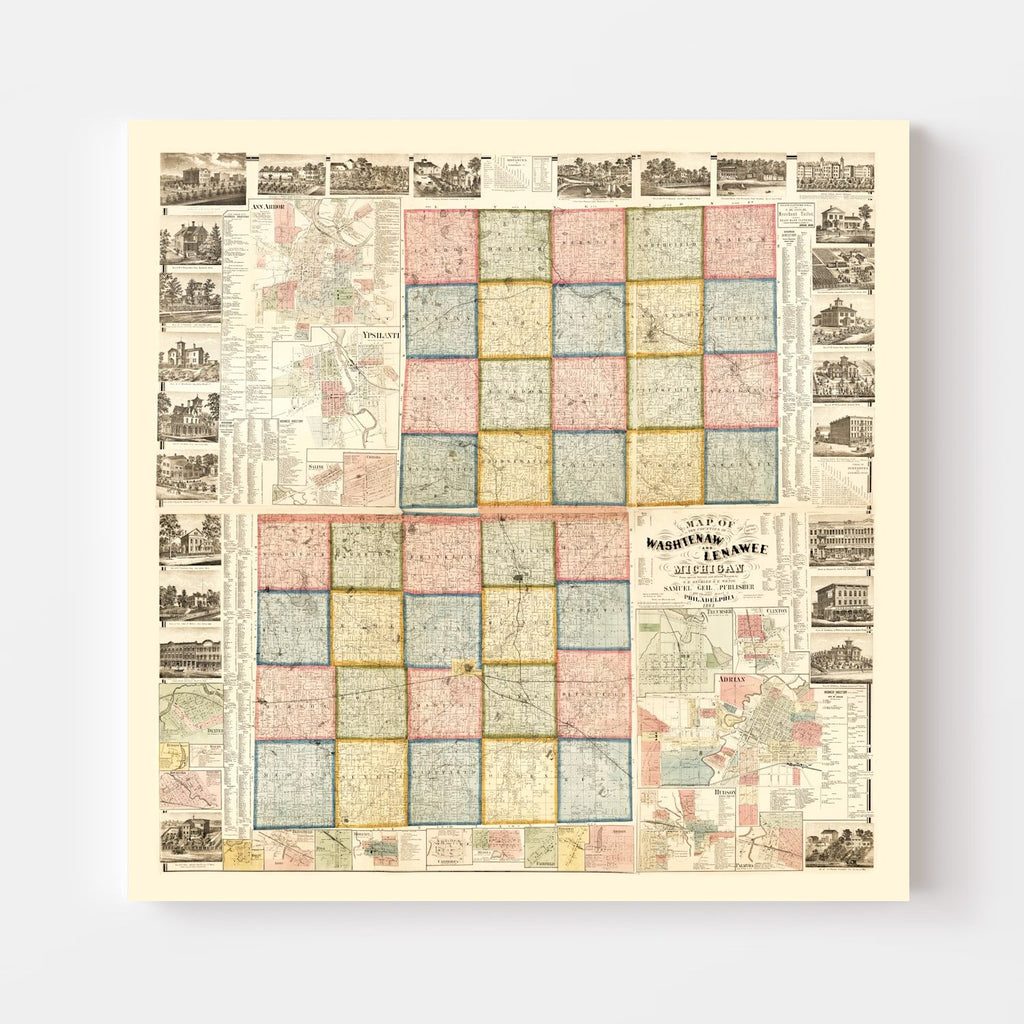 Vintage Map of Lenawee County, Michigan 1864