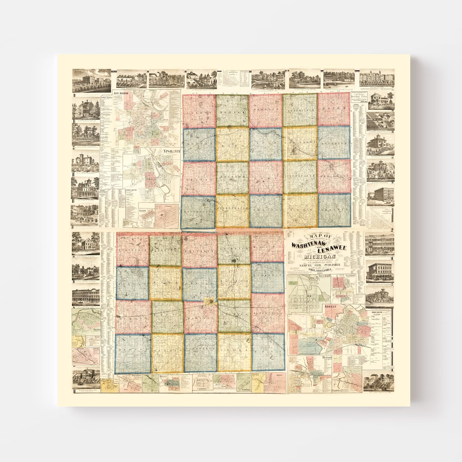 Vintage Map of Lenawee County, Michigan 1864