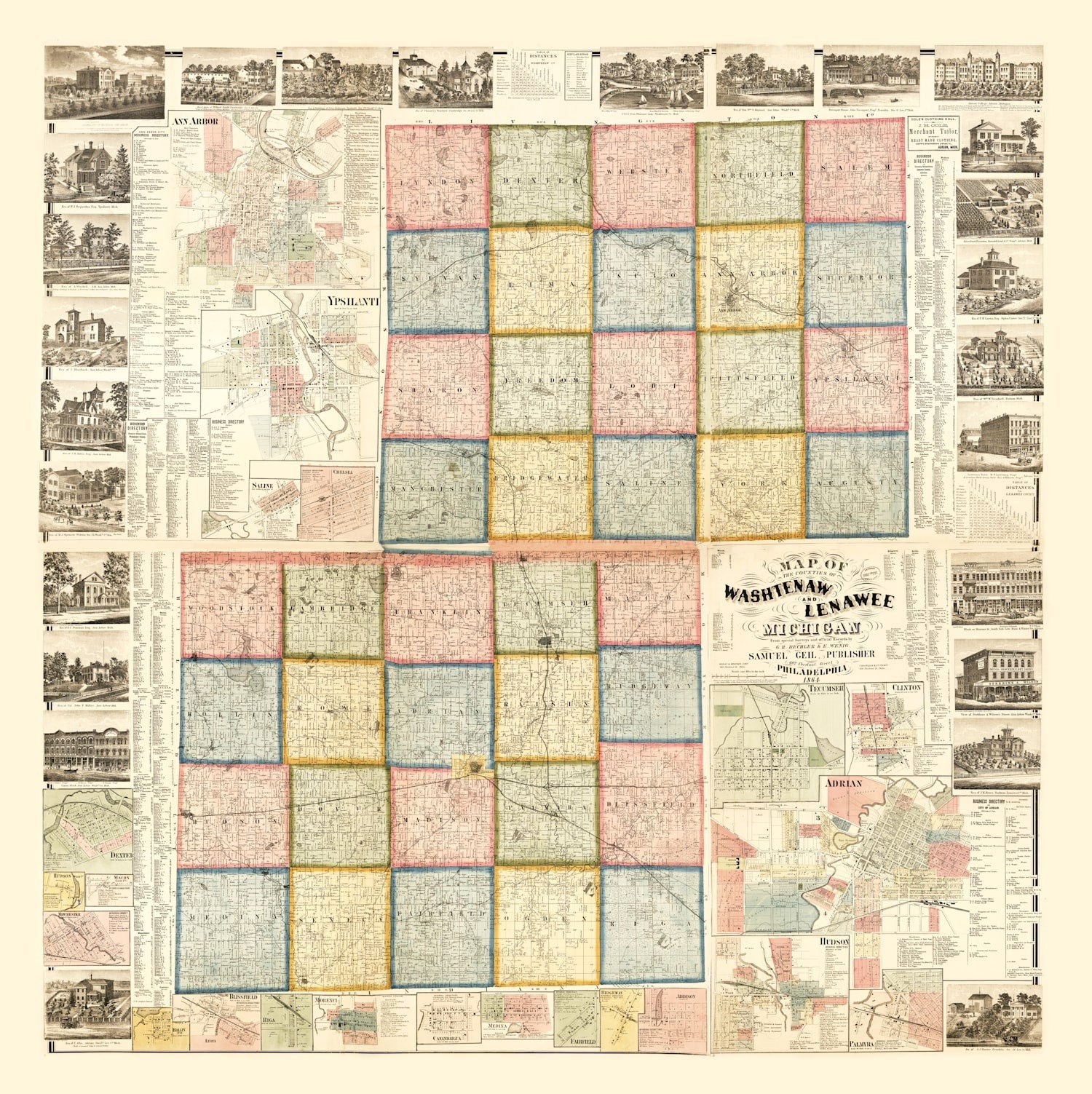 Vintage Map of Lenawee County, Michigan 1864
