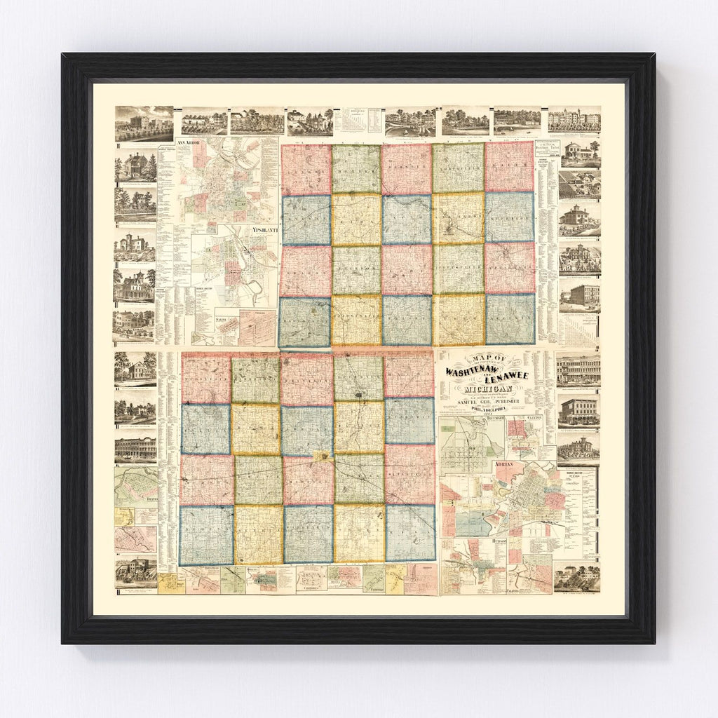 Vintage Map of Lenawee County, Michigan 1864