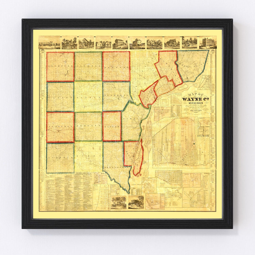 Vintage Map of Wayne County, Michigan 1860