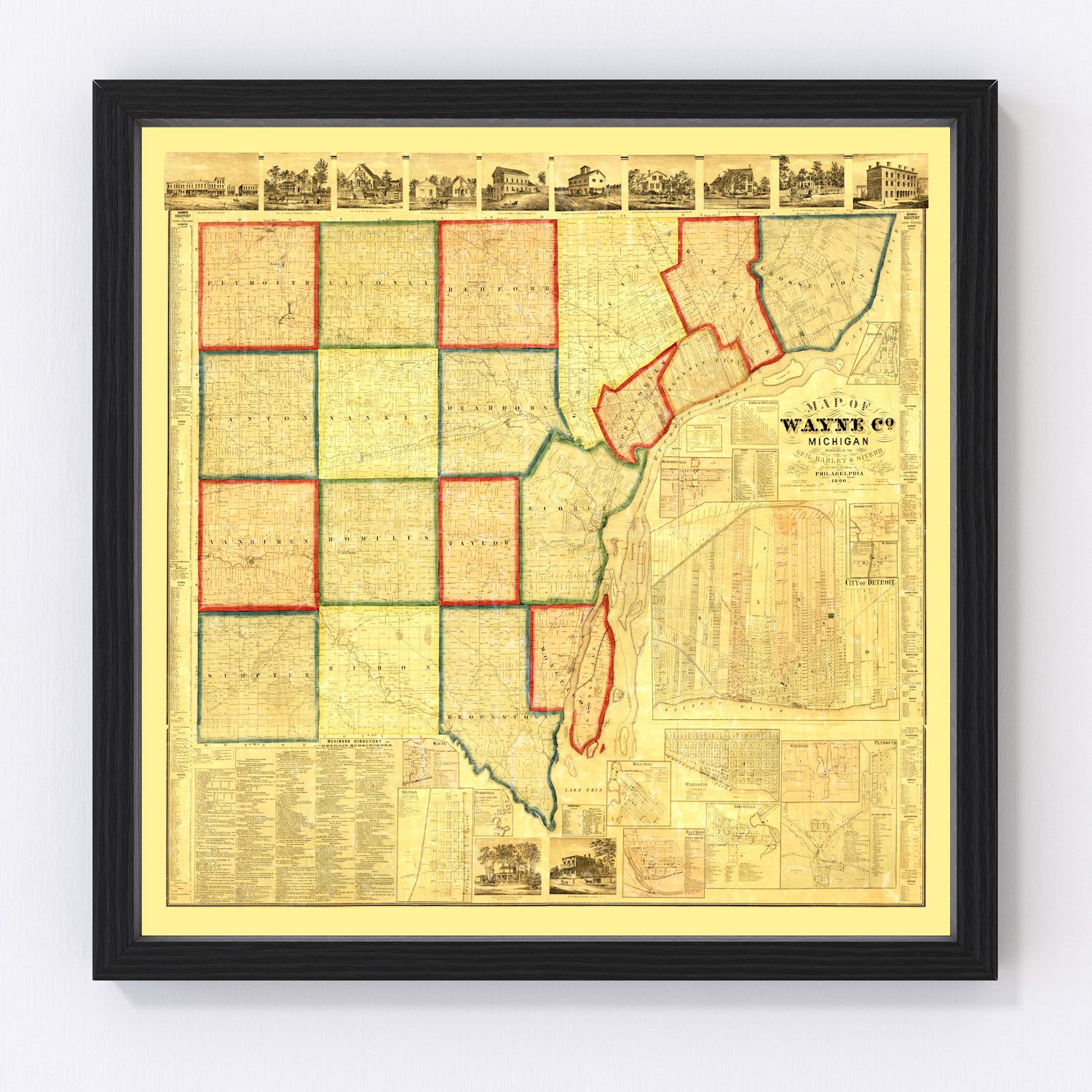 Vintage Map of Wayne County, Michigan 1860