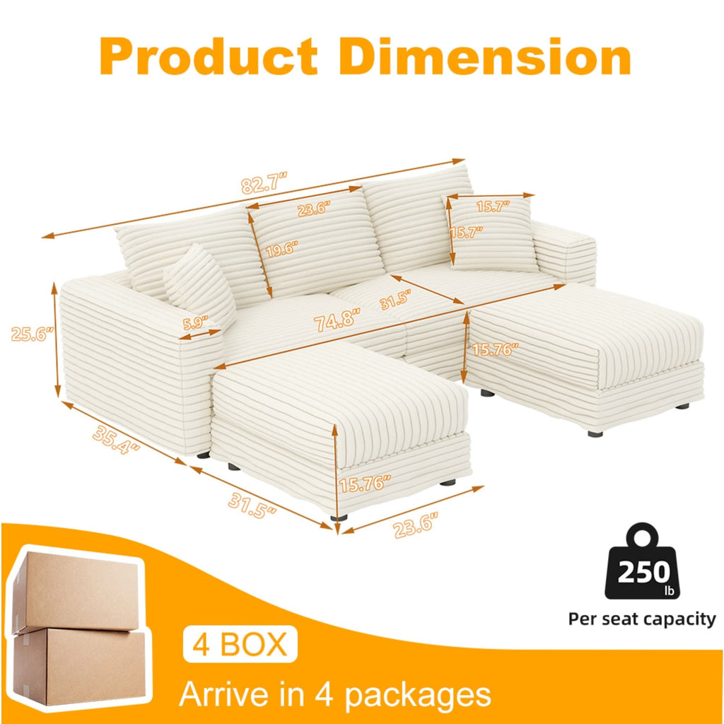 82.7 ' Plush Corduroy 3-Seat Sofa, Modern Comfy Upholstered Sofa Cloud Couch, Deep Seat Couches with Soft Pillows and 2 Ottomans, Convertible Sofa Lounge Chair, for Living Room,Apartment,Office,Beige