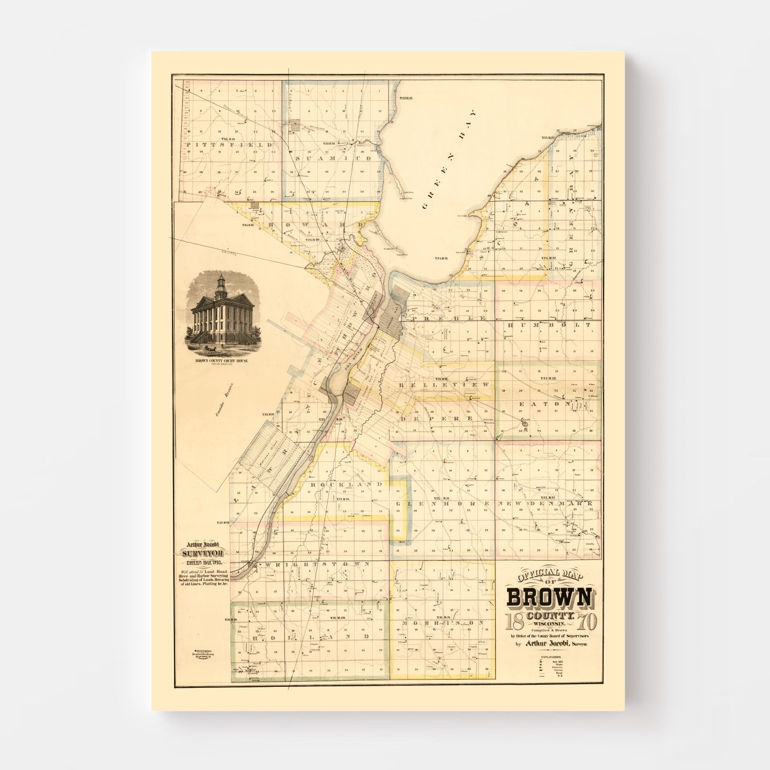 Vintage Map of Brown County, Wisconsin 1870
