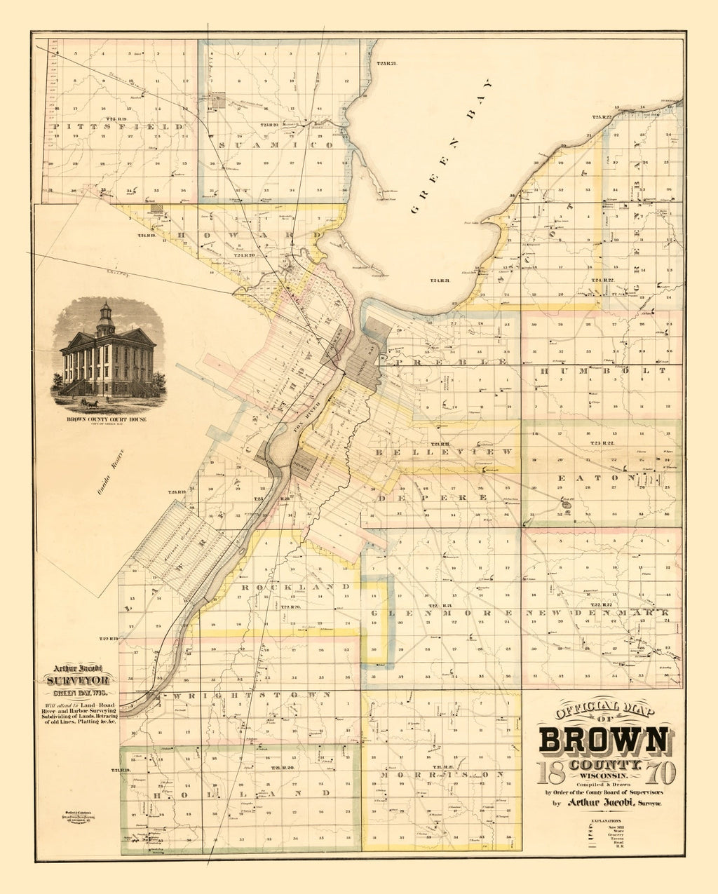 Vintage Map of Brown County, Wisconsin 1870