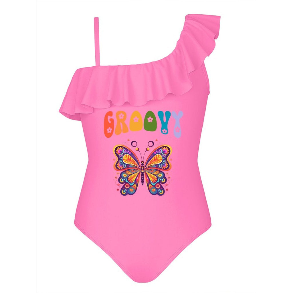 Groovy Butterfly Girls' Ruffled One-Piece Swimsuit (Front Printing)