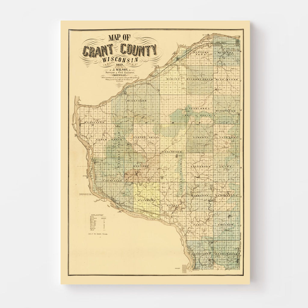 Vintage Map of Grant County, Wisconsin 1857