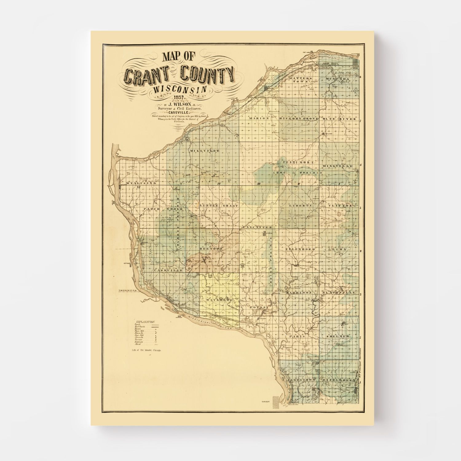 Vintage Map of Grant County, Wisconsin 1857