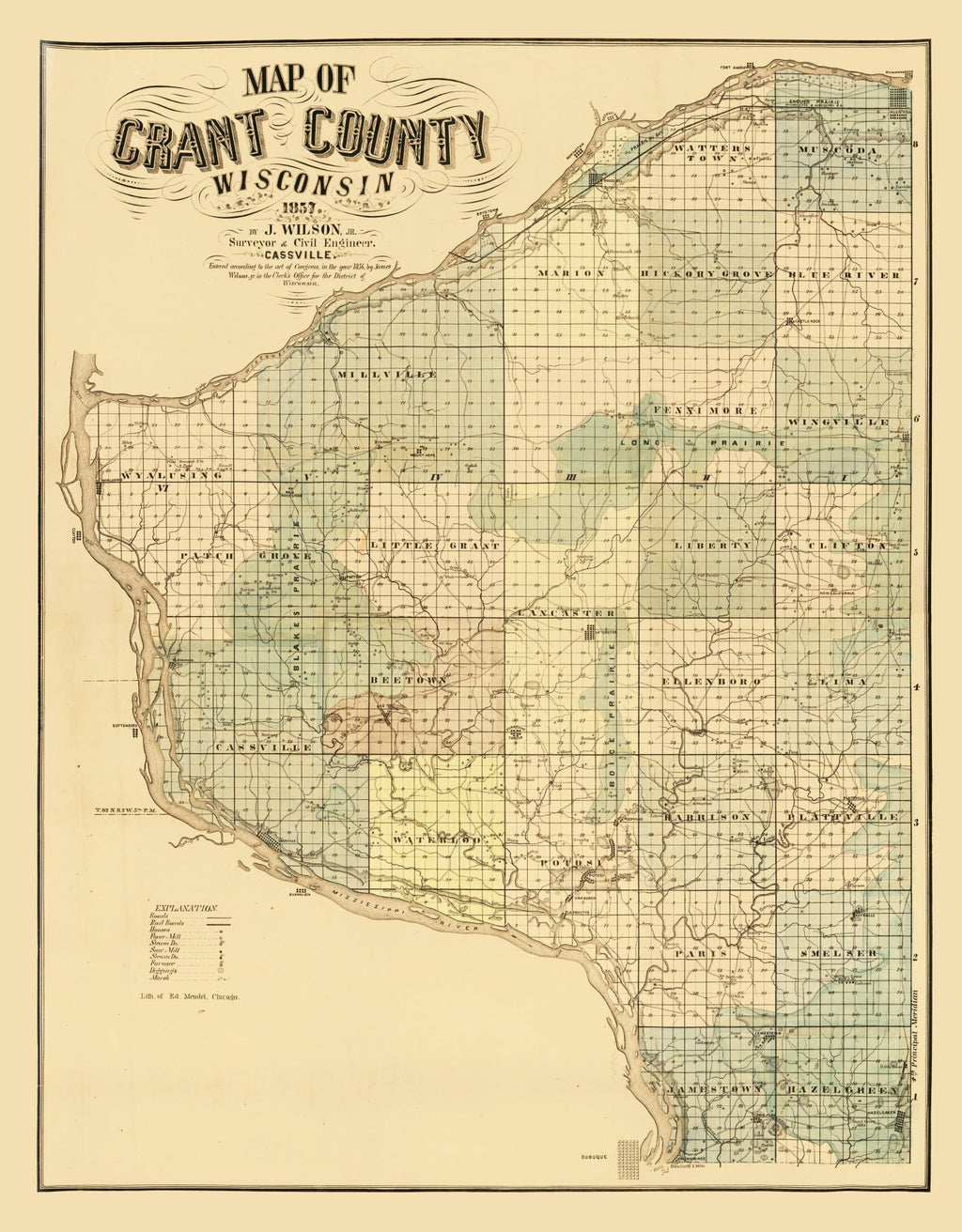 Vintage Map of Grant County, Wisconsin 1857