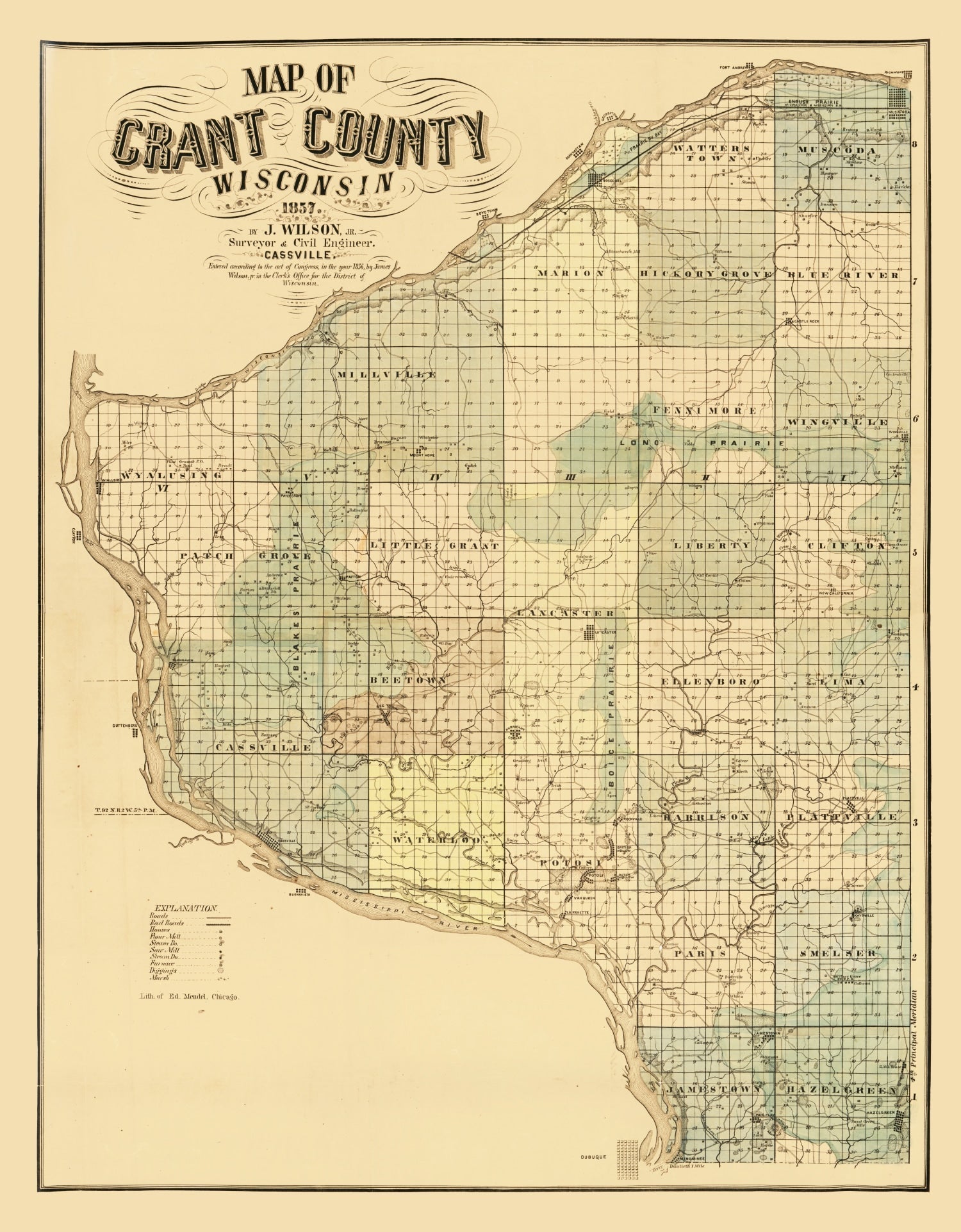 Vintage Map of Grant County, Wisconsin 1857